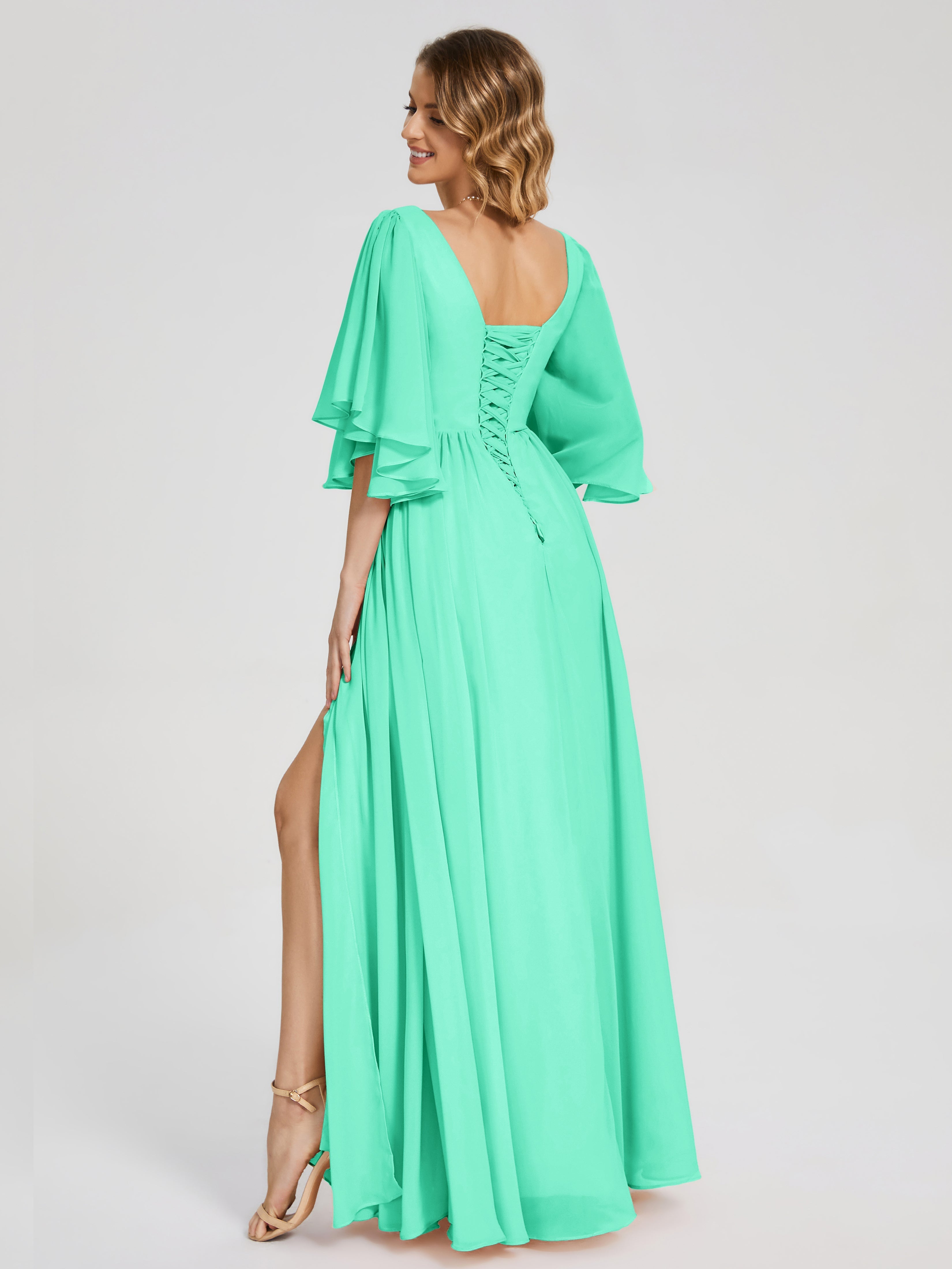Demoiselle Dhonneur Robe Bleu Turquoise Demi Manches Mousseline Robes Demoiselle D'Honneur À Lacet
