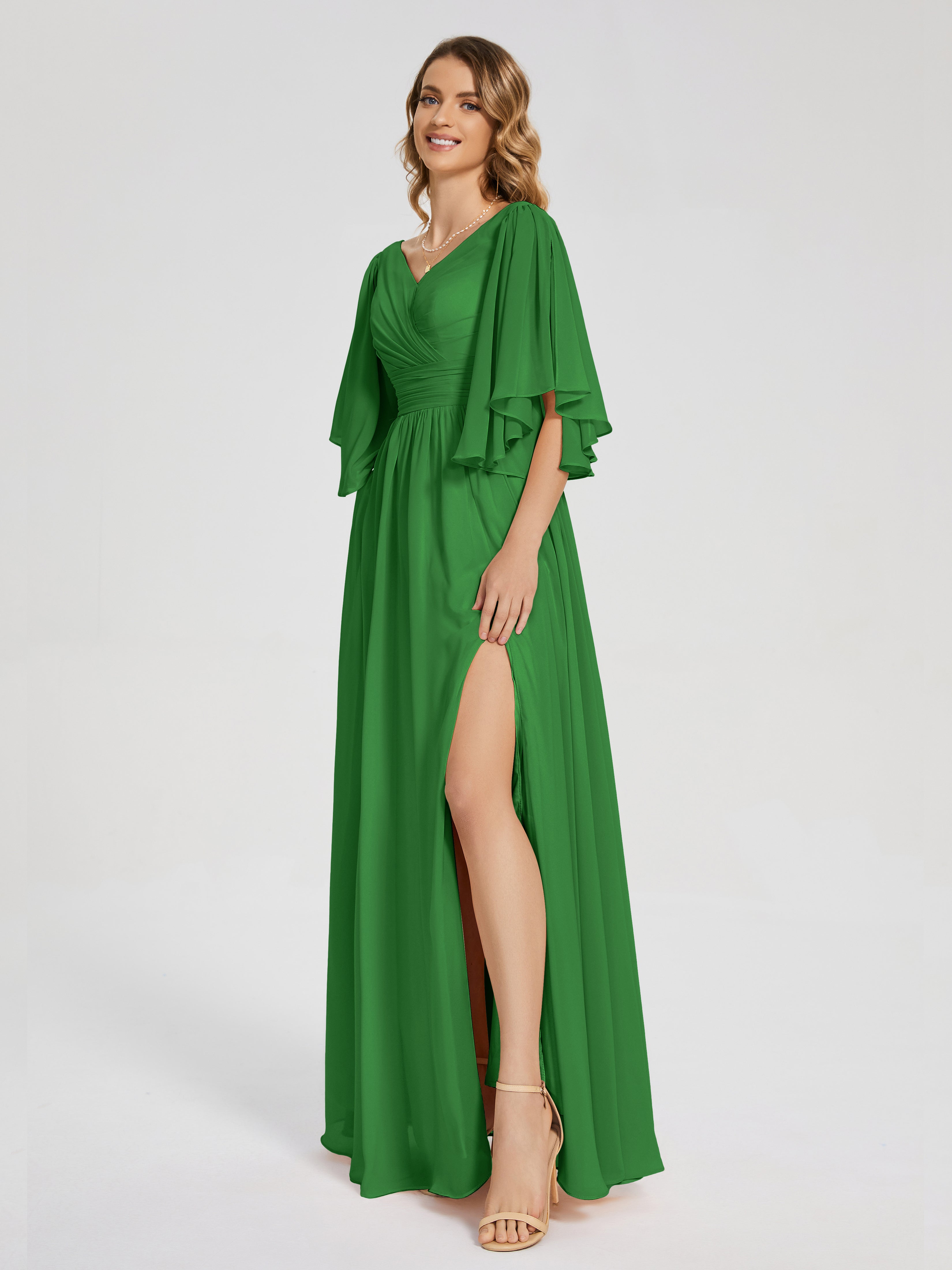 Robe Demoiselle D Honneur Vert Demi Manches Mousseline Robes Demoiselle D'Honneur À Lacet