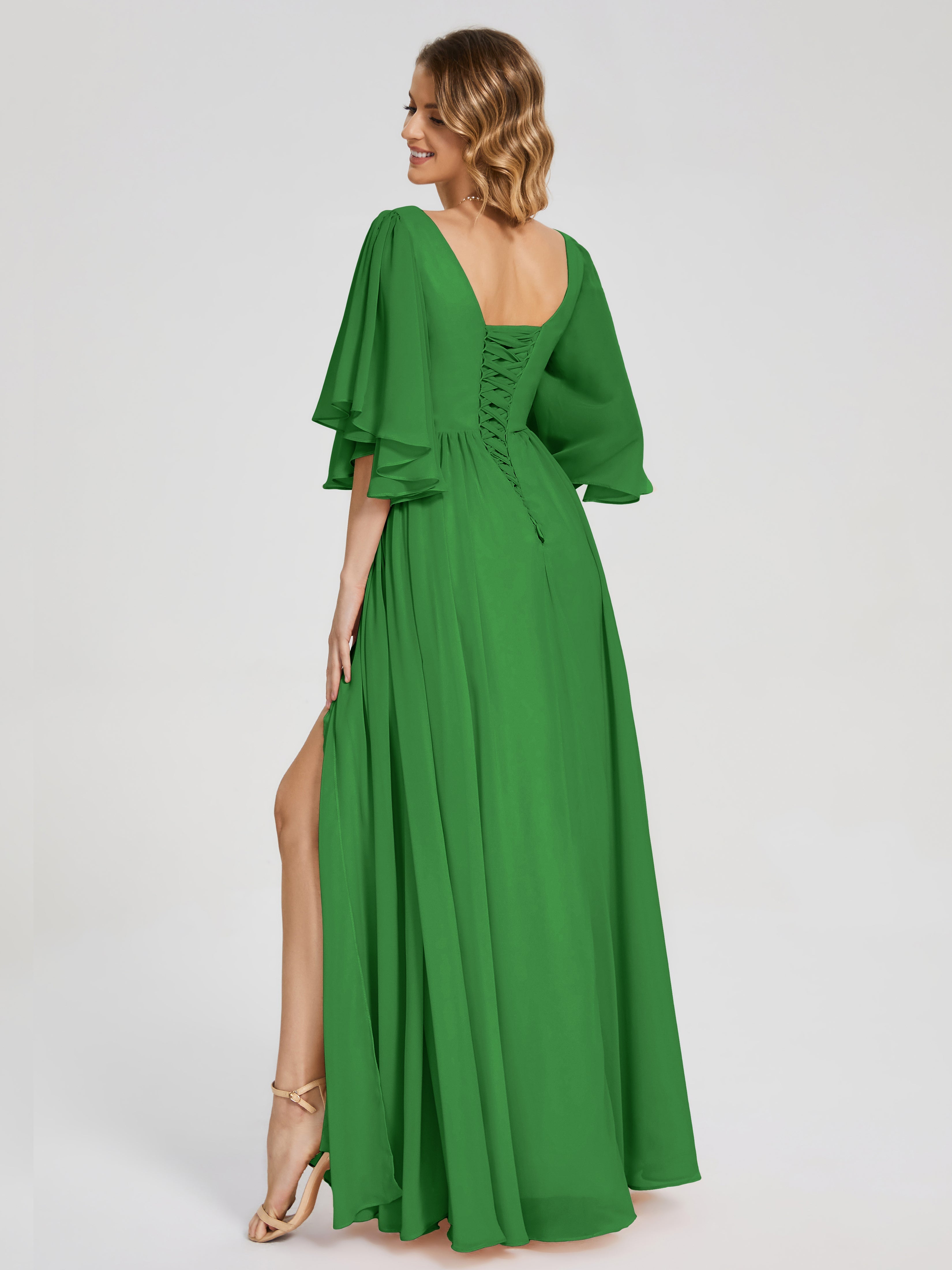 Robe Demoiselle D Honneur Vert Demi Manches Mousseline Robes Demoiselle D'Honneur À Lacet