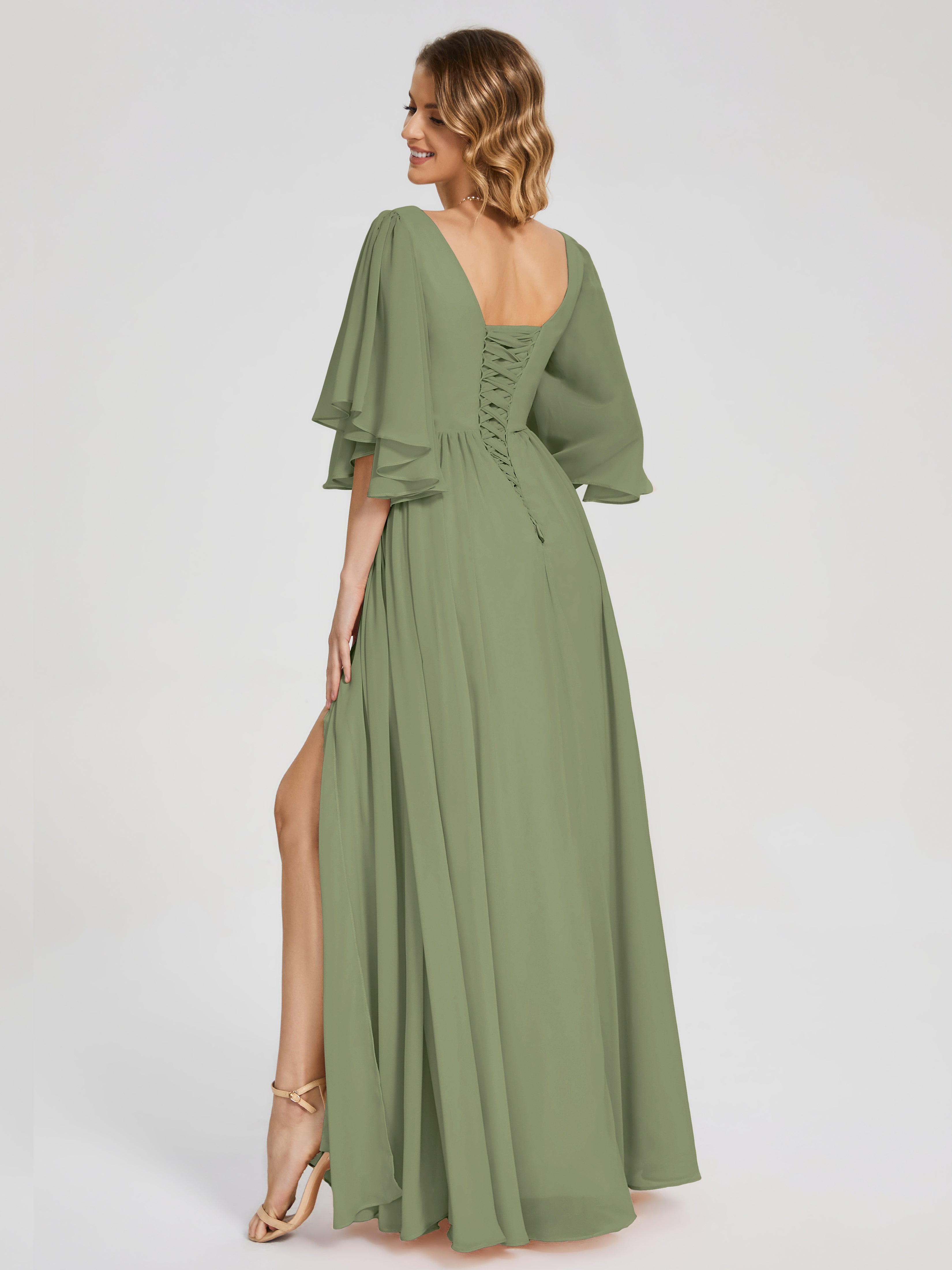 Robes De Demoiselle D'Honneur Olive Demi Manches Mousseline Robes Demoiselle D'Honneur À Lacet