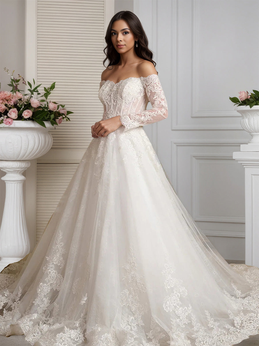 Cicinia Robe de Mariée Longue A-Line en Tulle Appliqués Épaules Dénudées à Manches Longues Magnifique