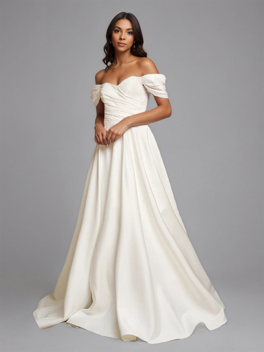 Cicinia Ivoire Robe de Mariée Longue Épaules Dénudées Perlé à Plis avec Traîne Balayée