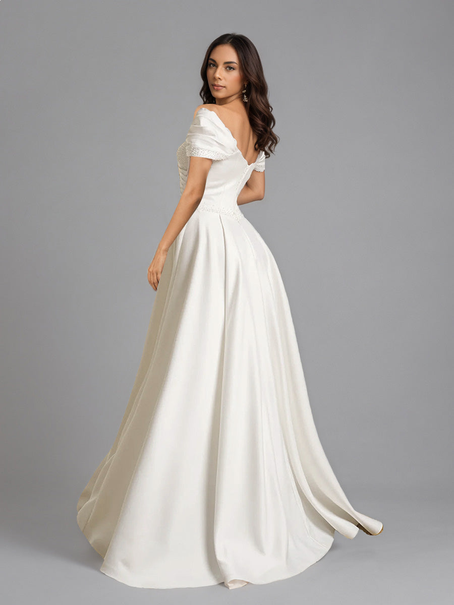 Cicinia Ivoire Robe de Mariée Longue Épaules Dénudées Perlé à Plis avec Traîne Balayée