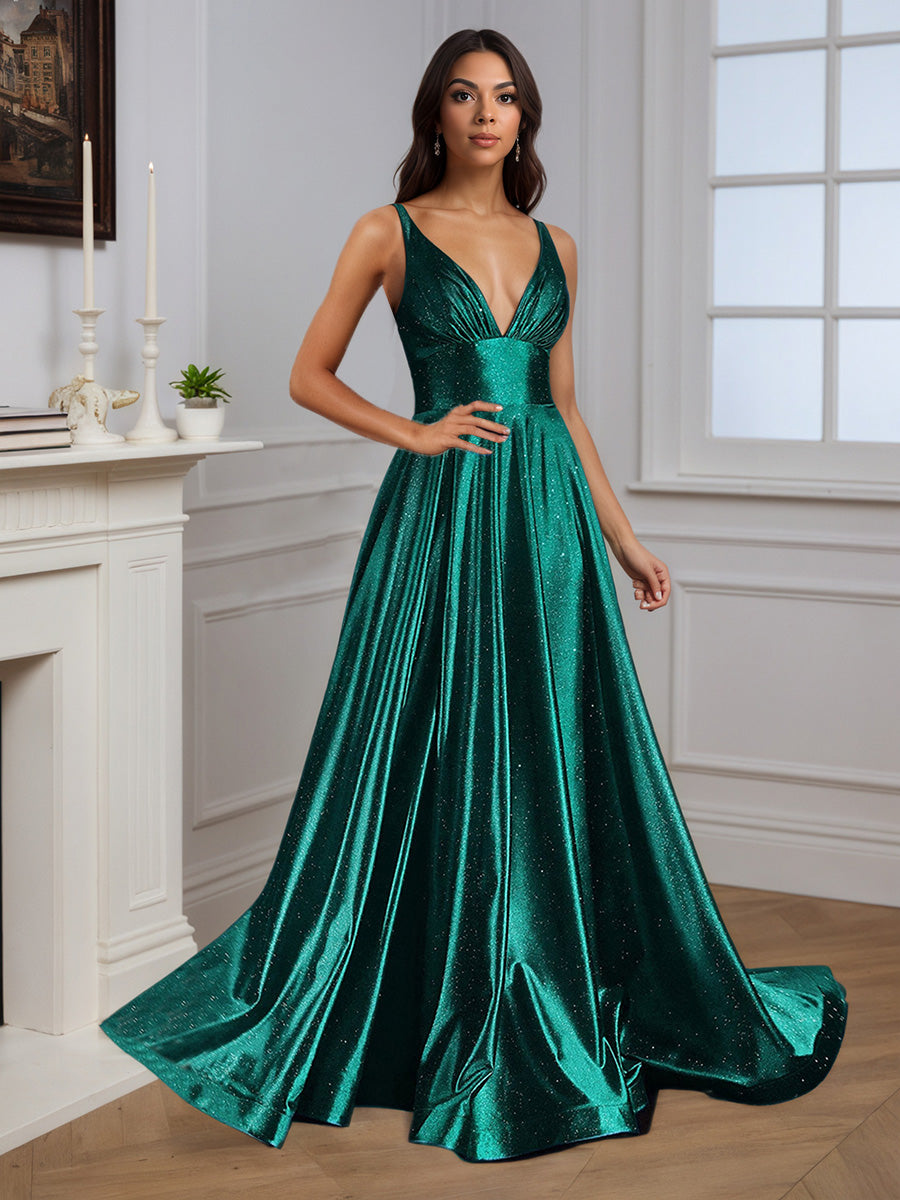 Cicinia Robe de Soirée VERT_FONCE en Satin A-Line Bretelles Décolleté en V Fente