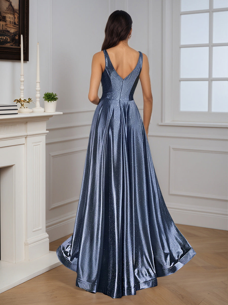 Cicinia Gris Acier Robe de Soirée en Satin A-Line Bretelles Décolleté en V Fente