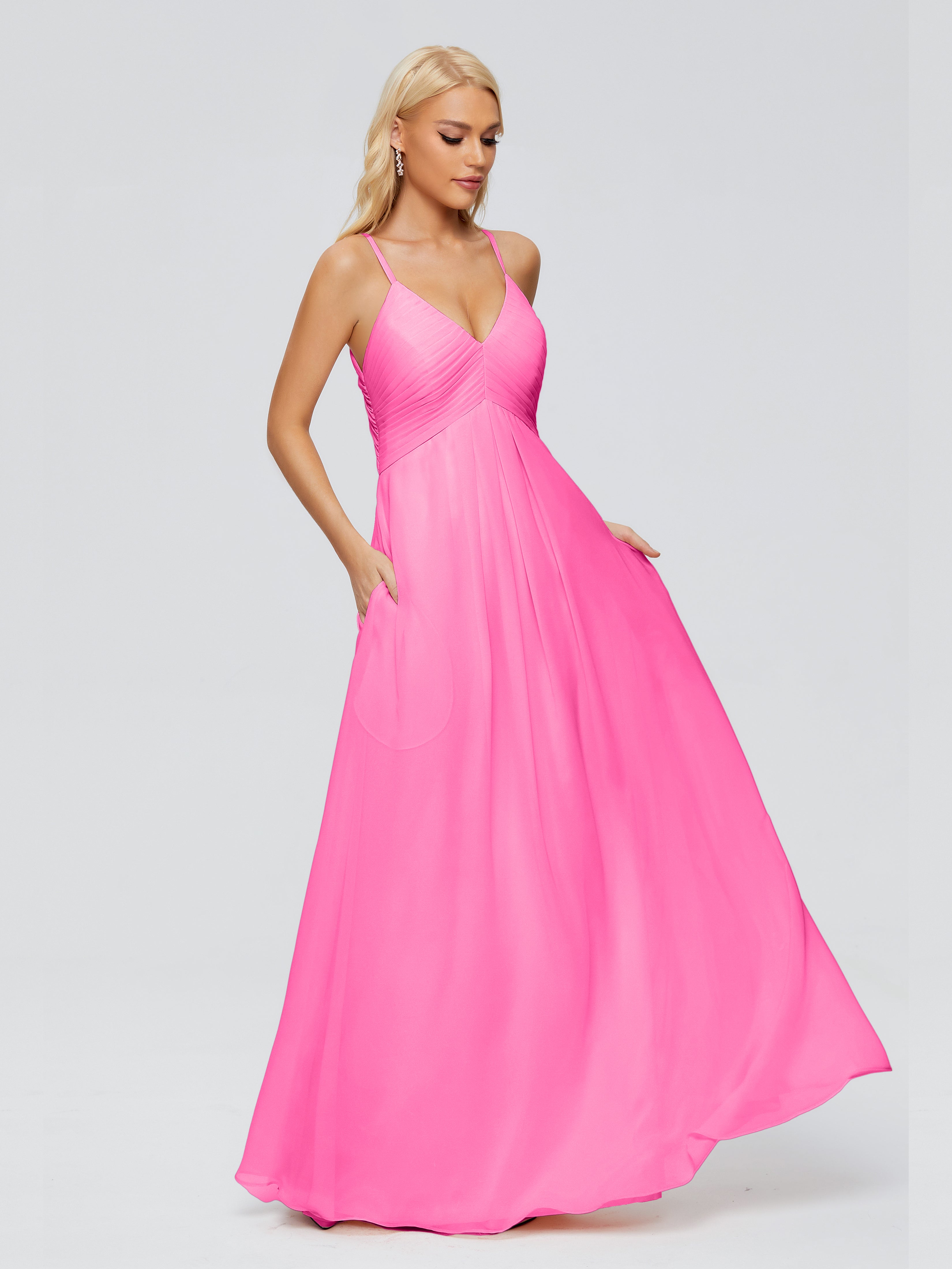 Robe Demoiselle D Honneur Azalée Trapèze Col V Bretelles Spaghetti Mousseline Robes Demoiselle D'Honneur