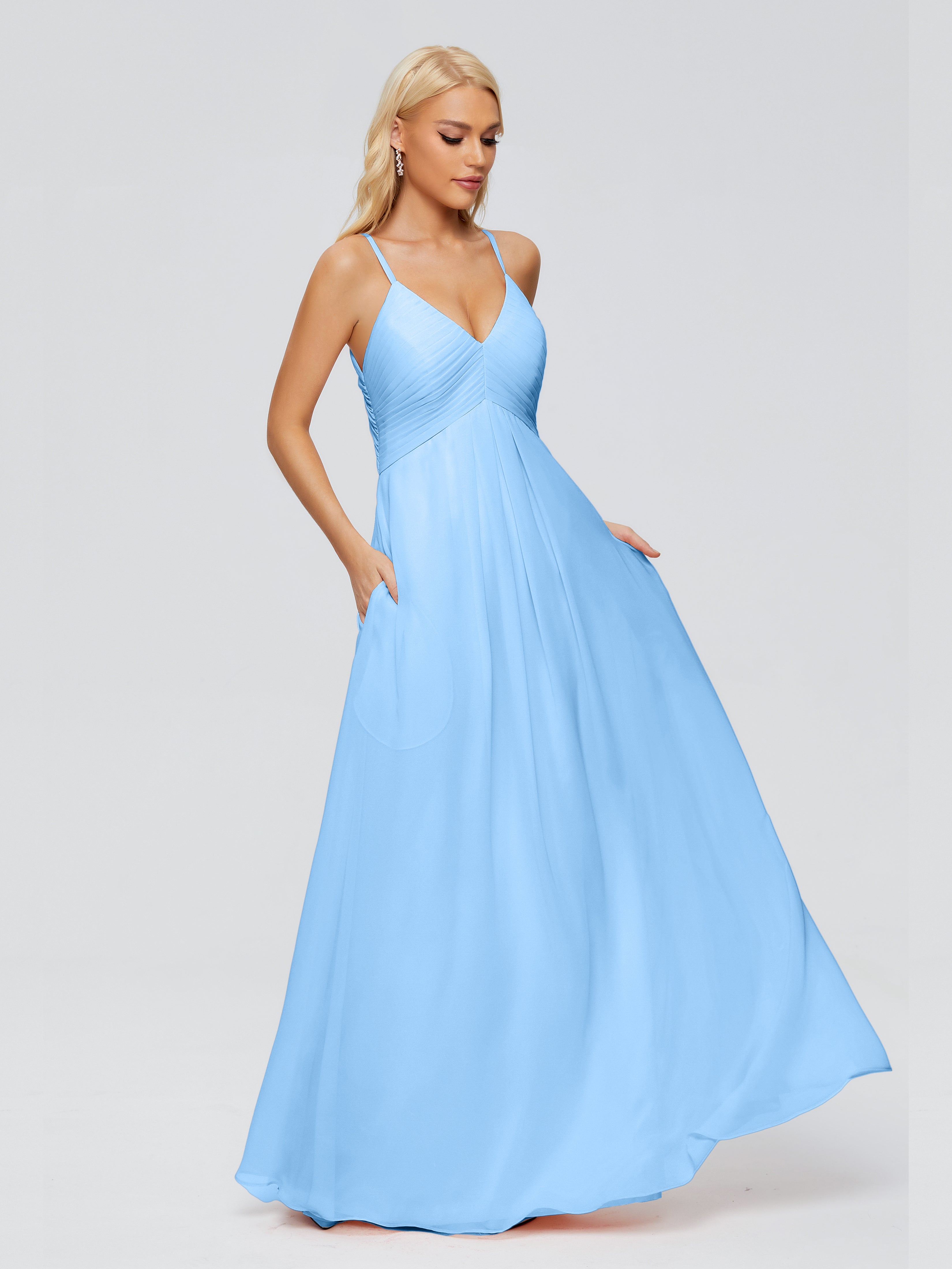 Robe Demoiselle D Honneur Bleu Trapèze Bretelles Spaghetti Mousseline Robes Demoiselle D'Honneur