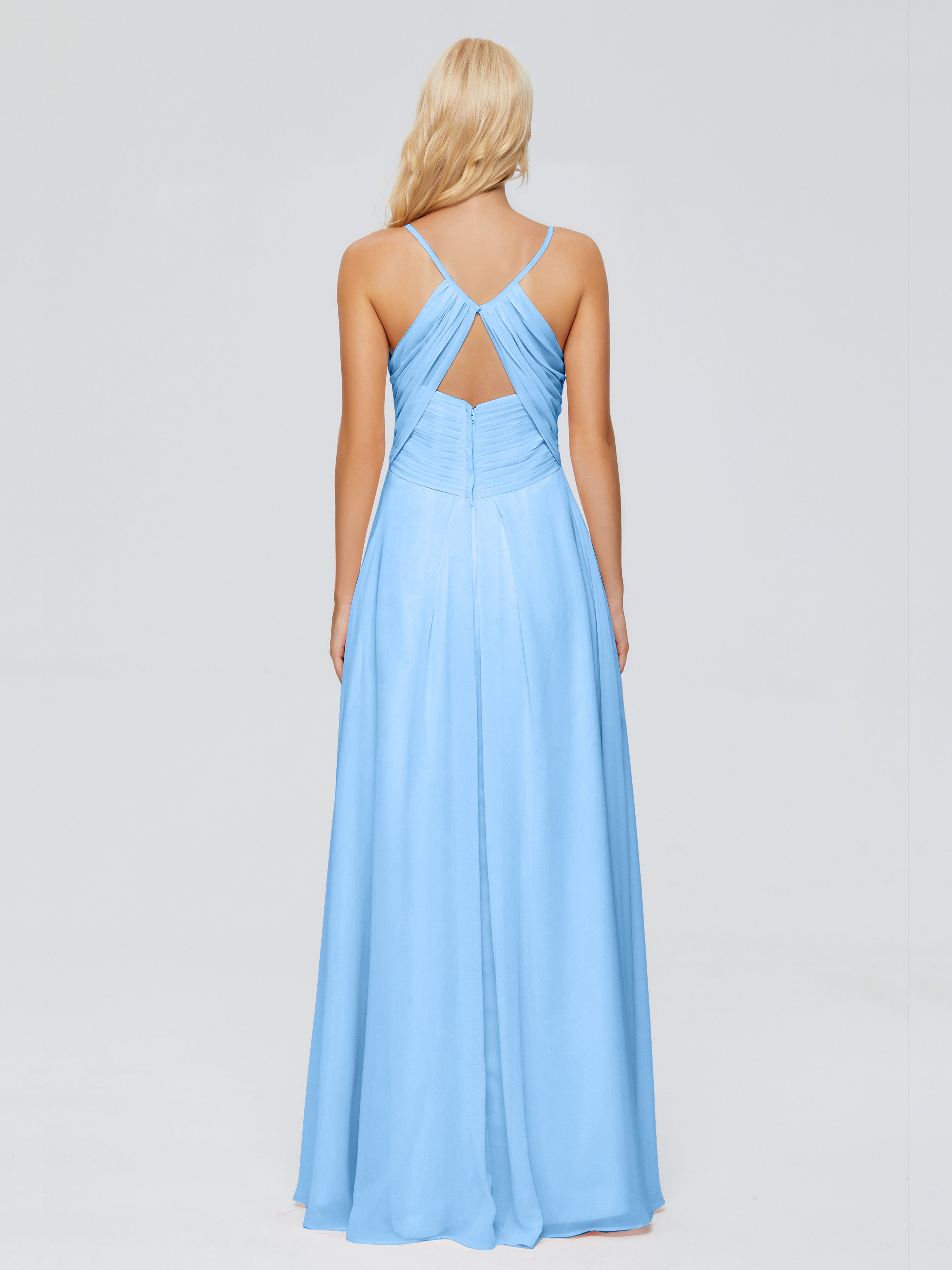 Robe Demoiselle D Honneur Bleu Trapèze Bretelles Spaghetti Mousseline Robes Demoiselle D'Honneur