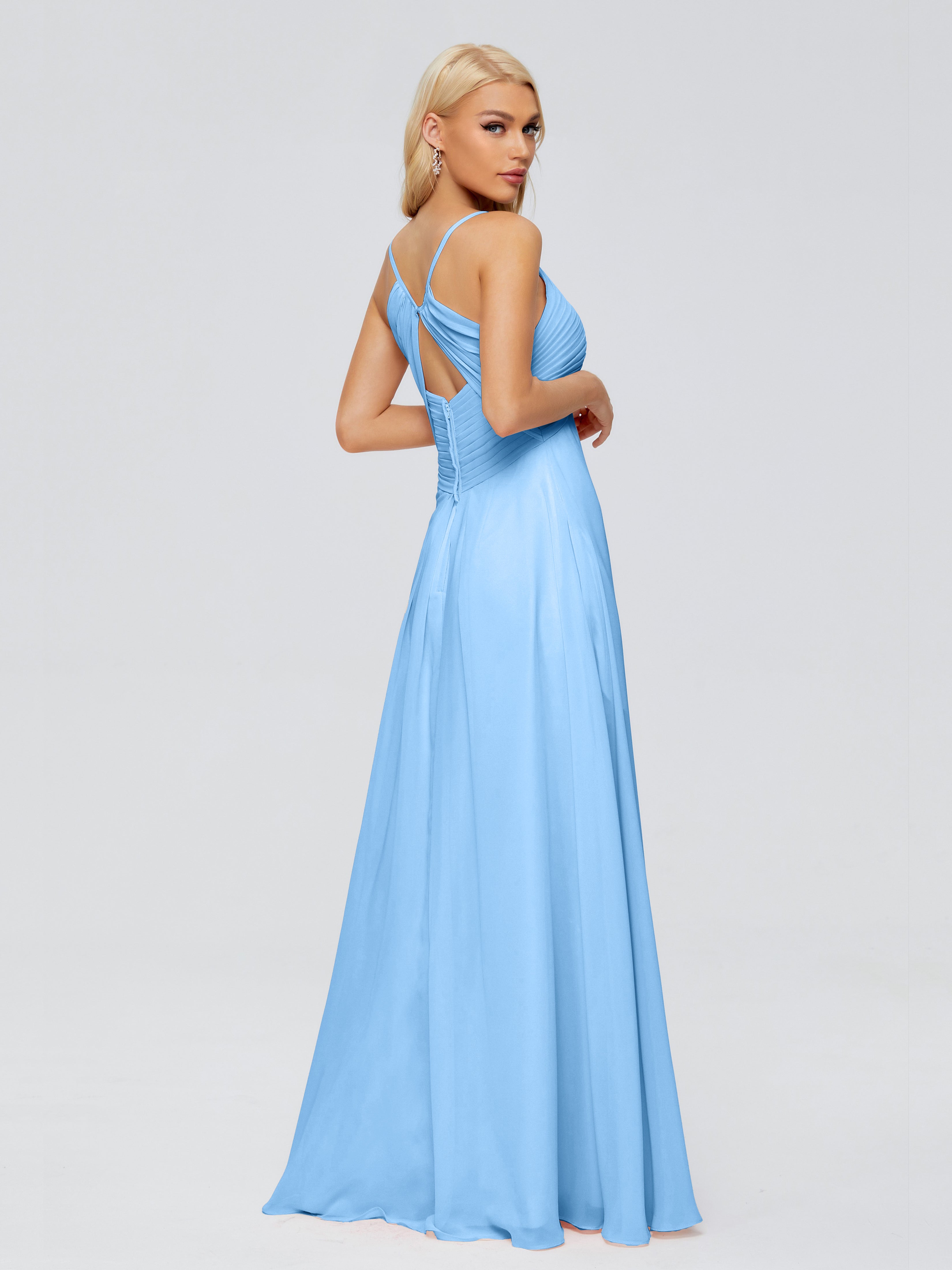 Robe Demoiselle D Honneur Bleu Trapèze Bretelles Spaghetti Mousseline Robes Demoiselle D'Honneur