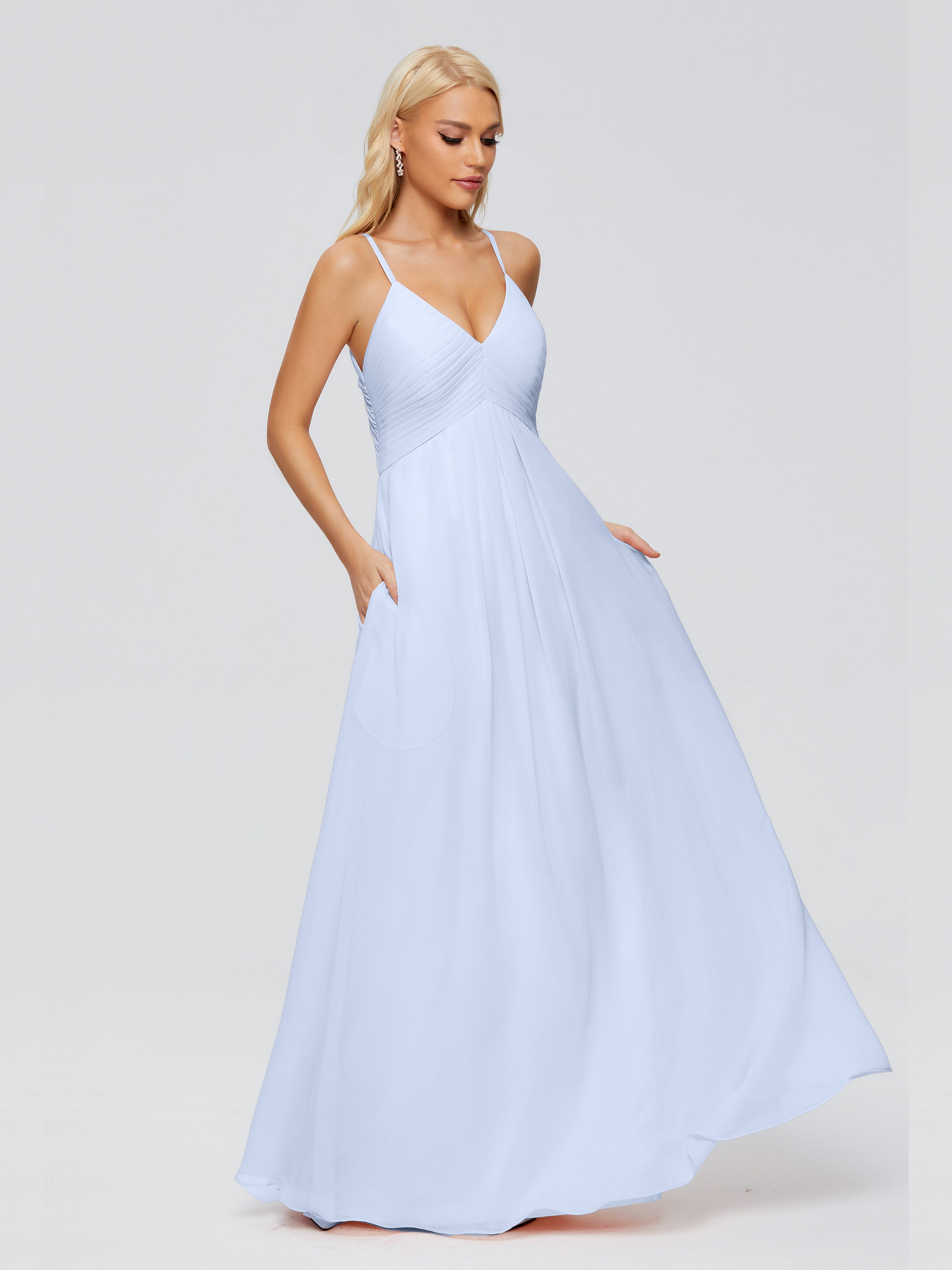 Robe De Demoiselle D Honneur Bleu Ciel Trapèze Bretelles Spaghetti Mousseline Robes Demoiselle D'Honneur