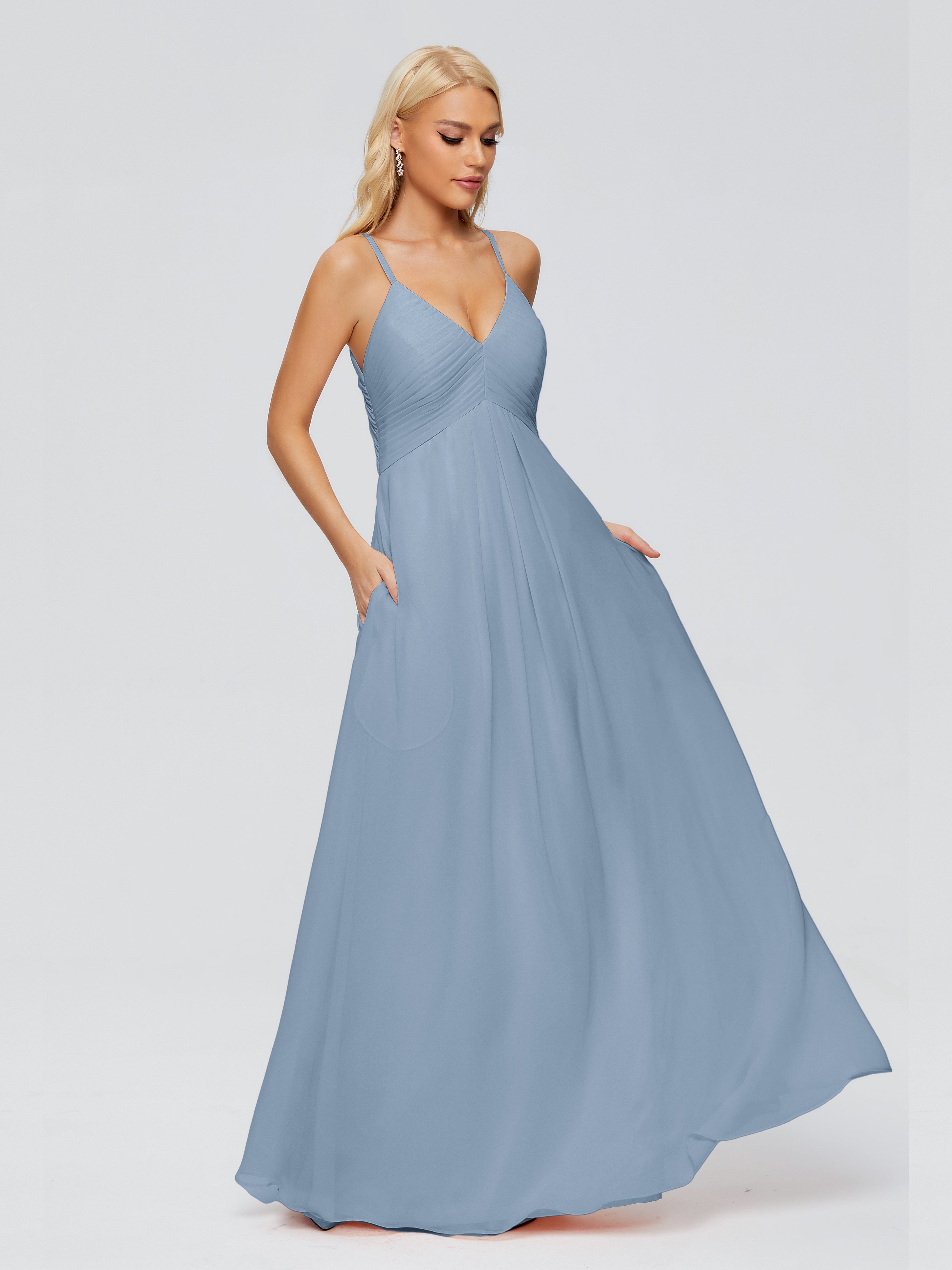 Robes De Demoiselle D'Honneur Bleu De Schiste Trapèze Col V Bretelles Spaghetti Mousseline Robes Demoiselle D'Honneur