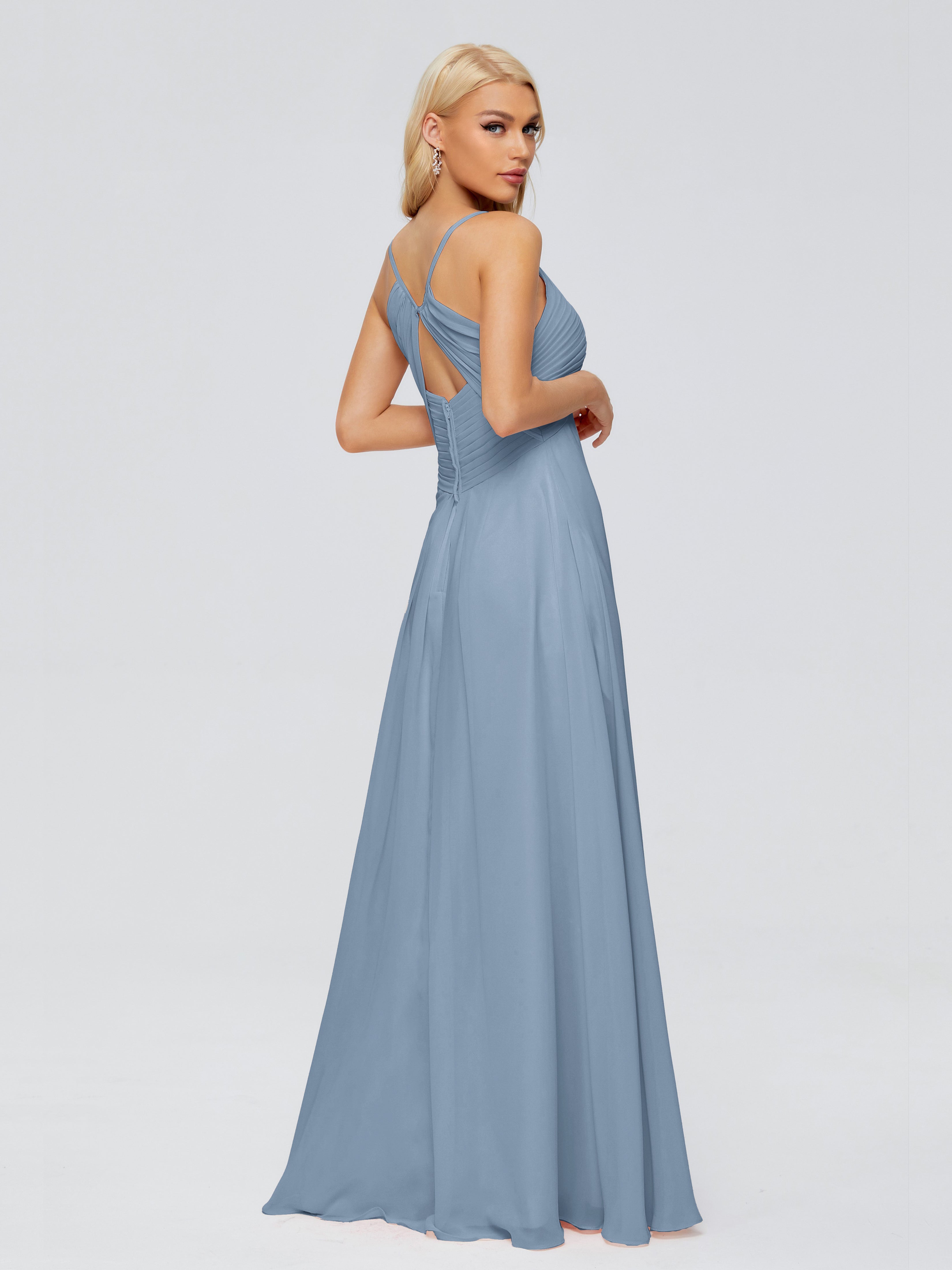 Robes De Demoiselle D'Honneur Bleu De Schiste Trapèze Col V Bretelles Spaghetti Mousseline Robes Demoiselle D'Honneur