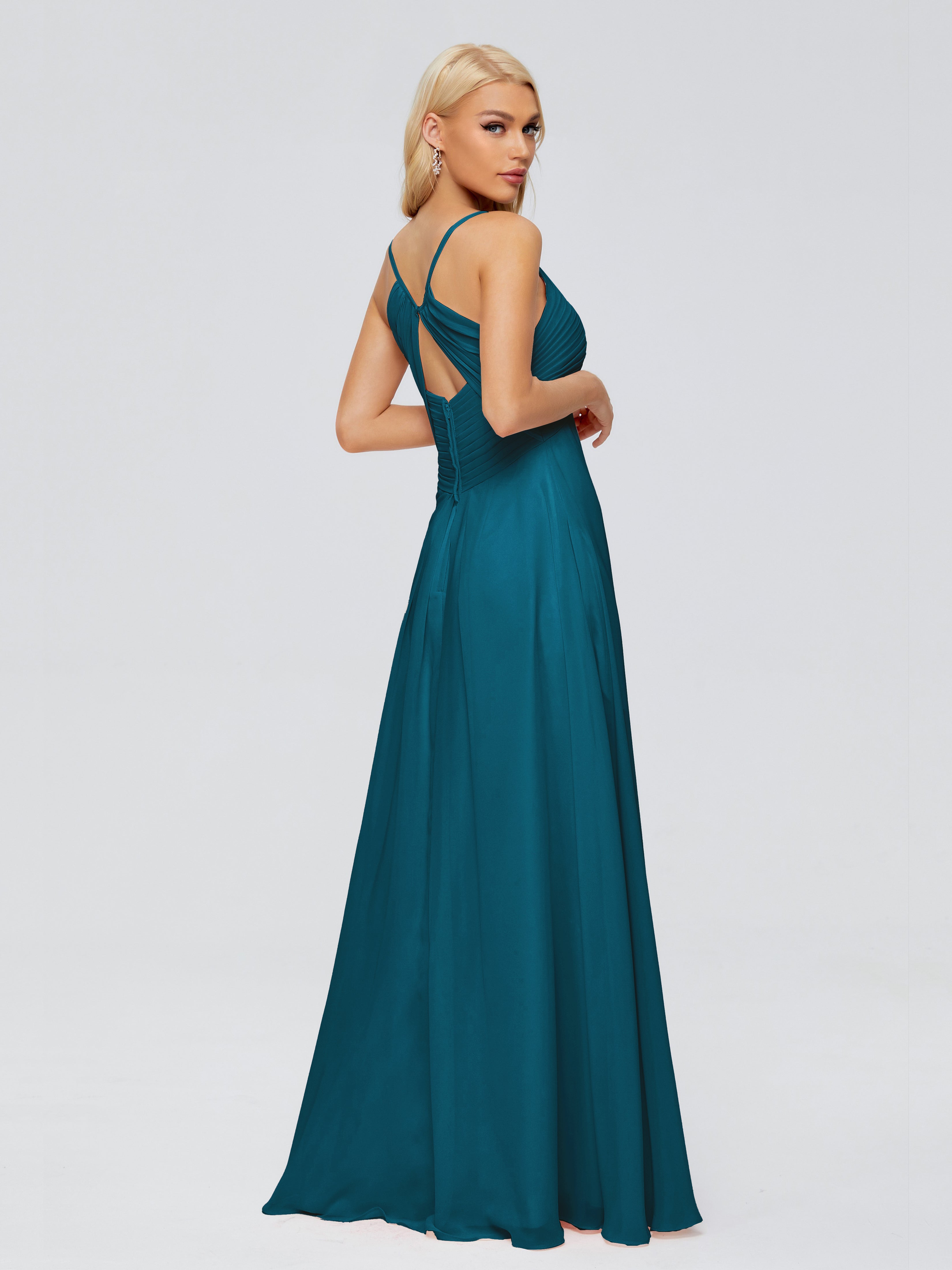 Robe De Demoiselle D'Honneur Bleu Encre Trapèze Col V Bretelles Spaghetti Mousseline Robes Demoiselle D'Honneur