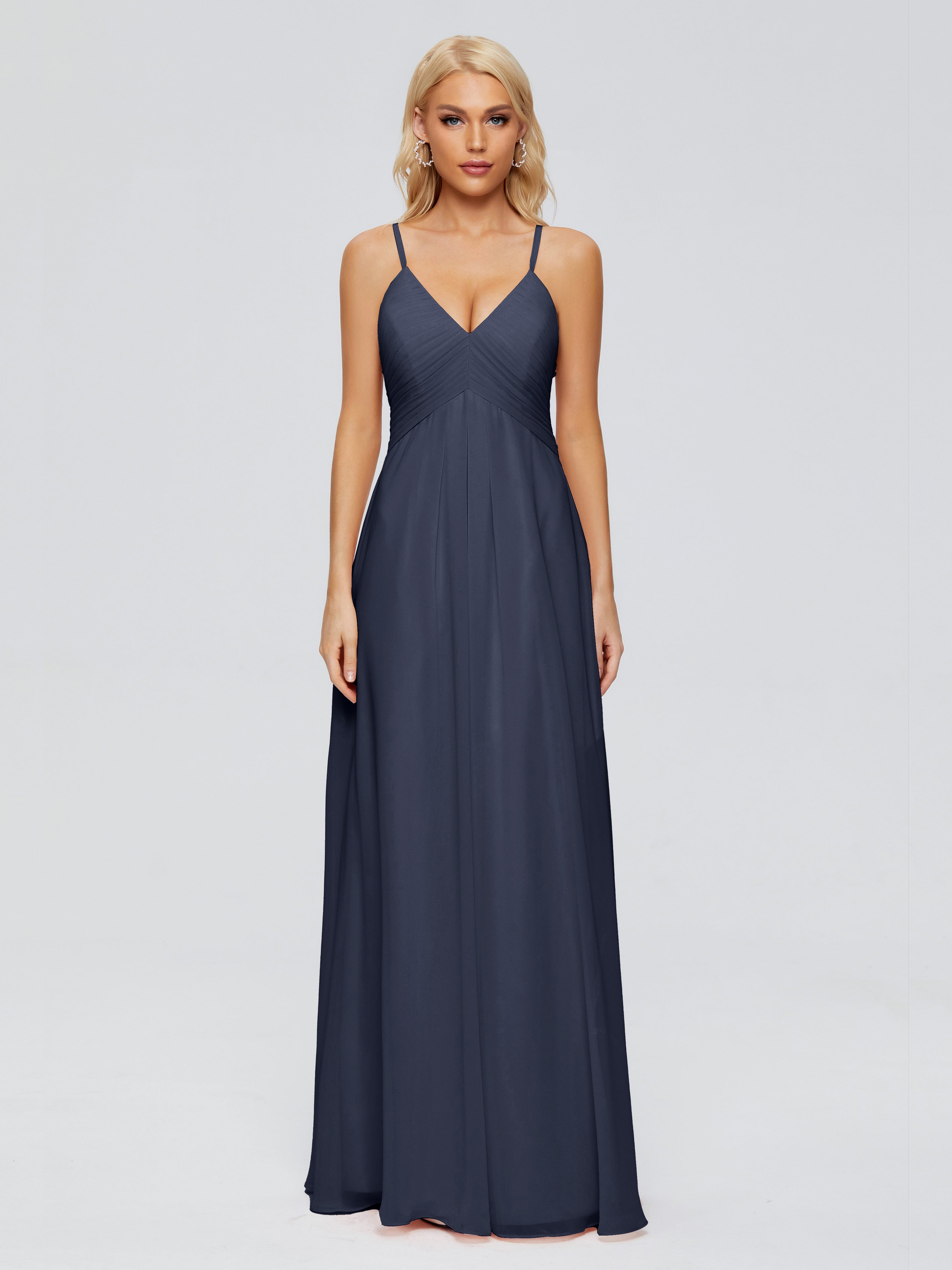 Robes De Demoiselle D'Honneur Bleu Marine Modestes Trapèze Bretelles Spaghetti Mousseline Robes Demoiselle D'Honneur