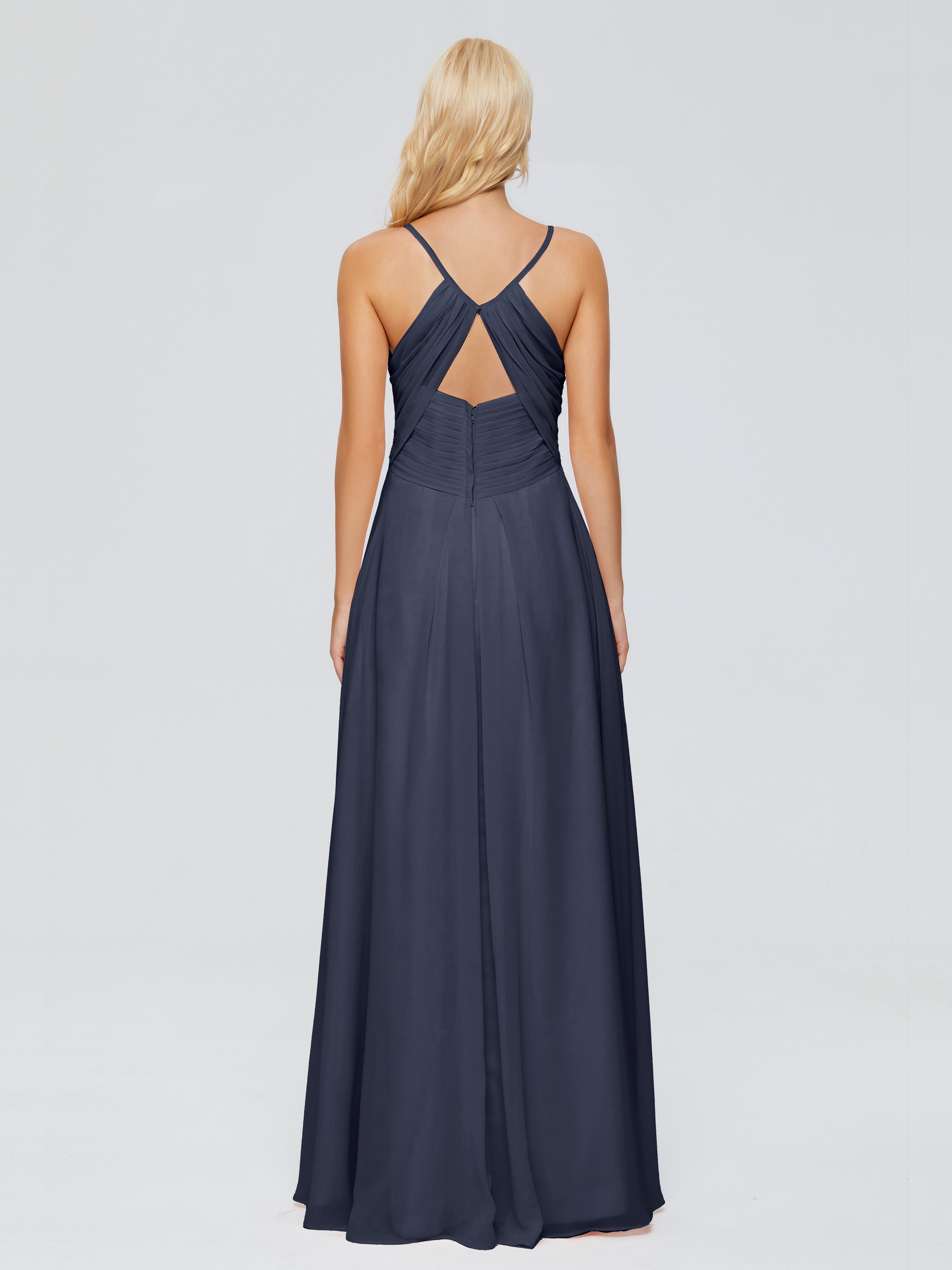 Robes De Demoiselle D'Honneur Bleu Marine Modestes Trapèze Bretelles Spaghetti Mousseline Robes Demoiselle D'Honneur