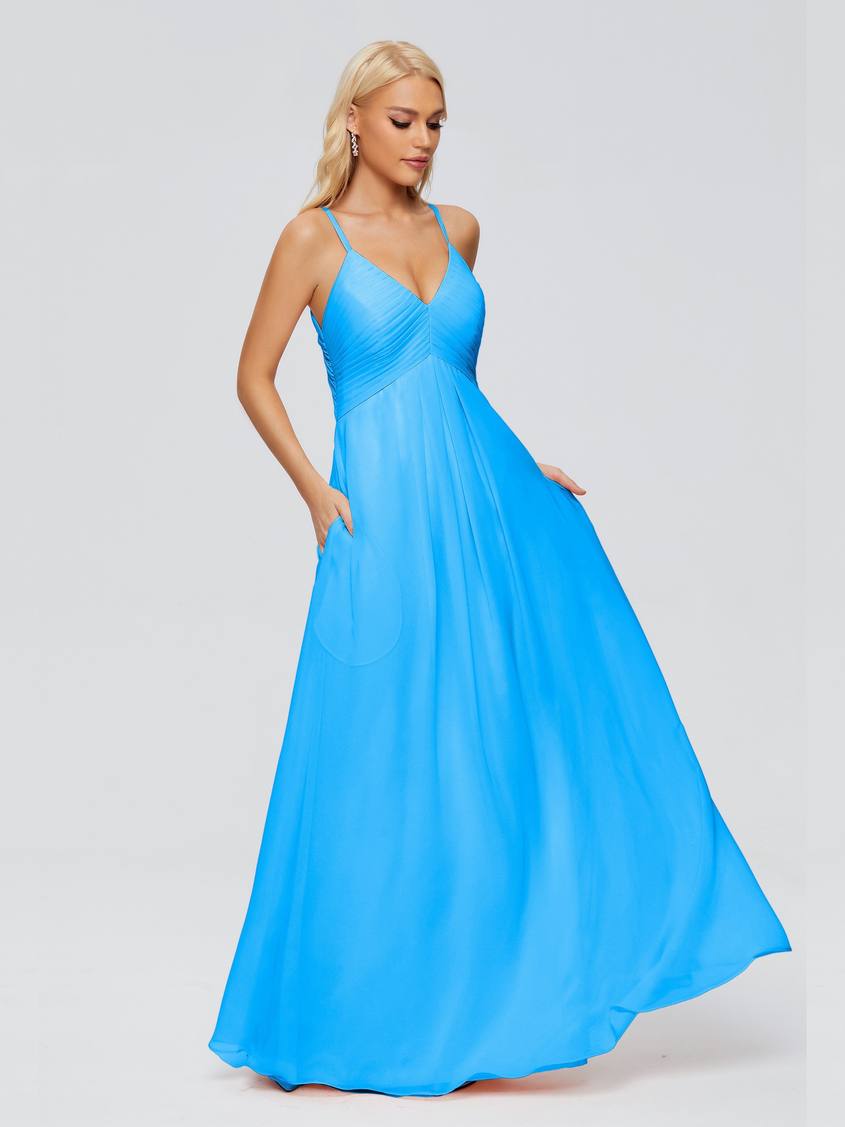 Robes De Demoiselle D'Honneur Bleu Océan Trapèze Col V Bretelles Spaghetti Mousseline Robes Demoiselle D'Honneur