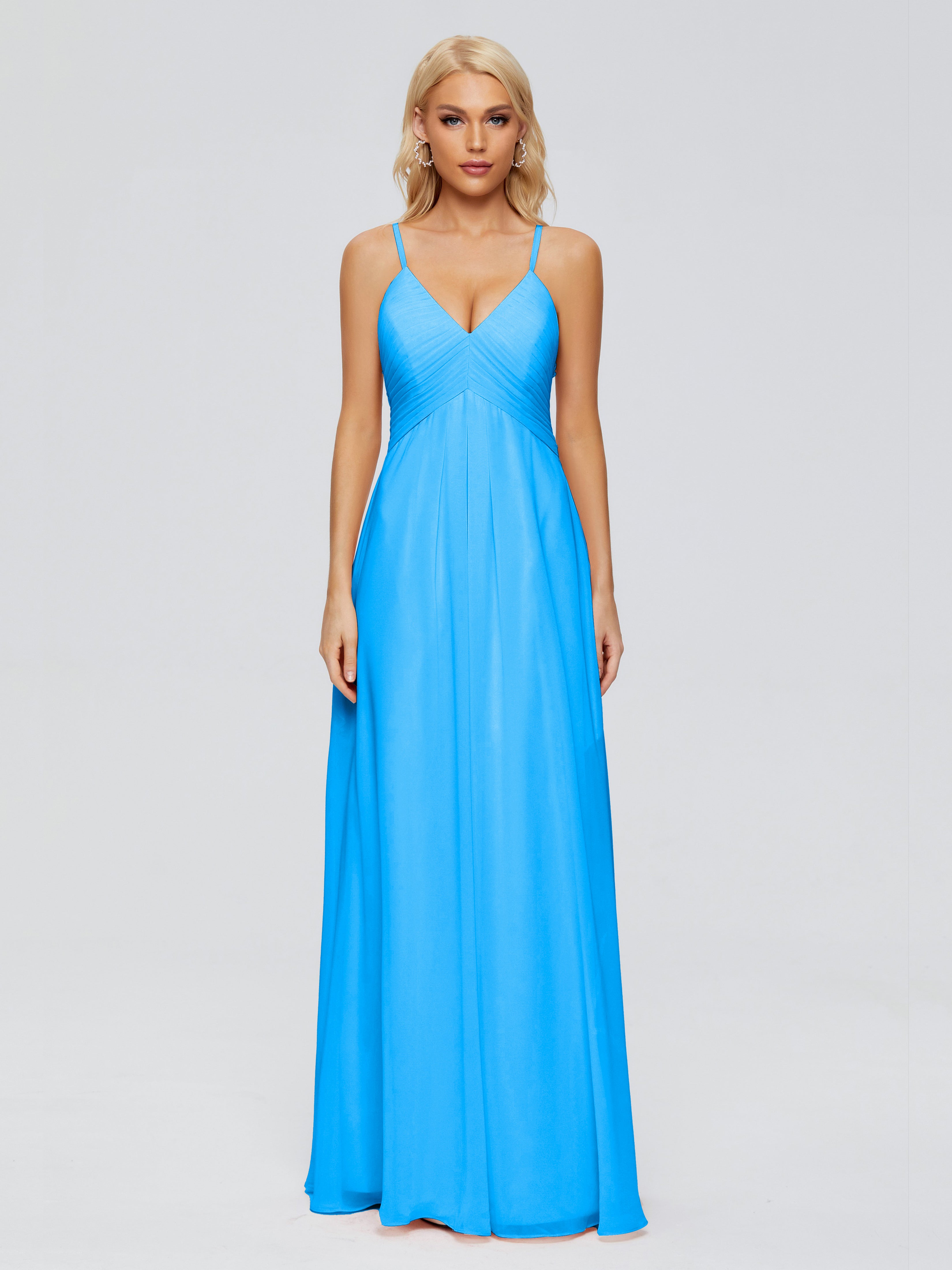 Robes De Demoiselle D'Honneur Bleu Océan Trapèze Col V Bretelles Spaghetti Mousseline Robes Demoiselle D'Honneur