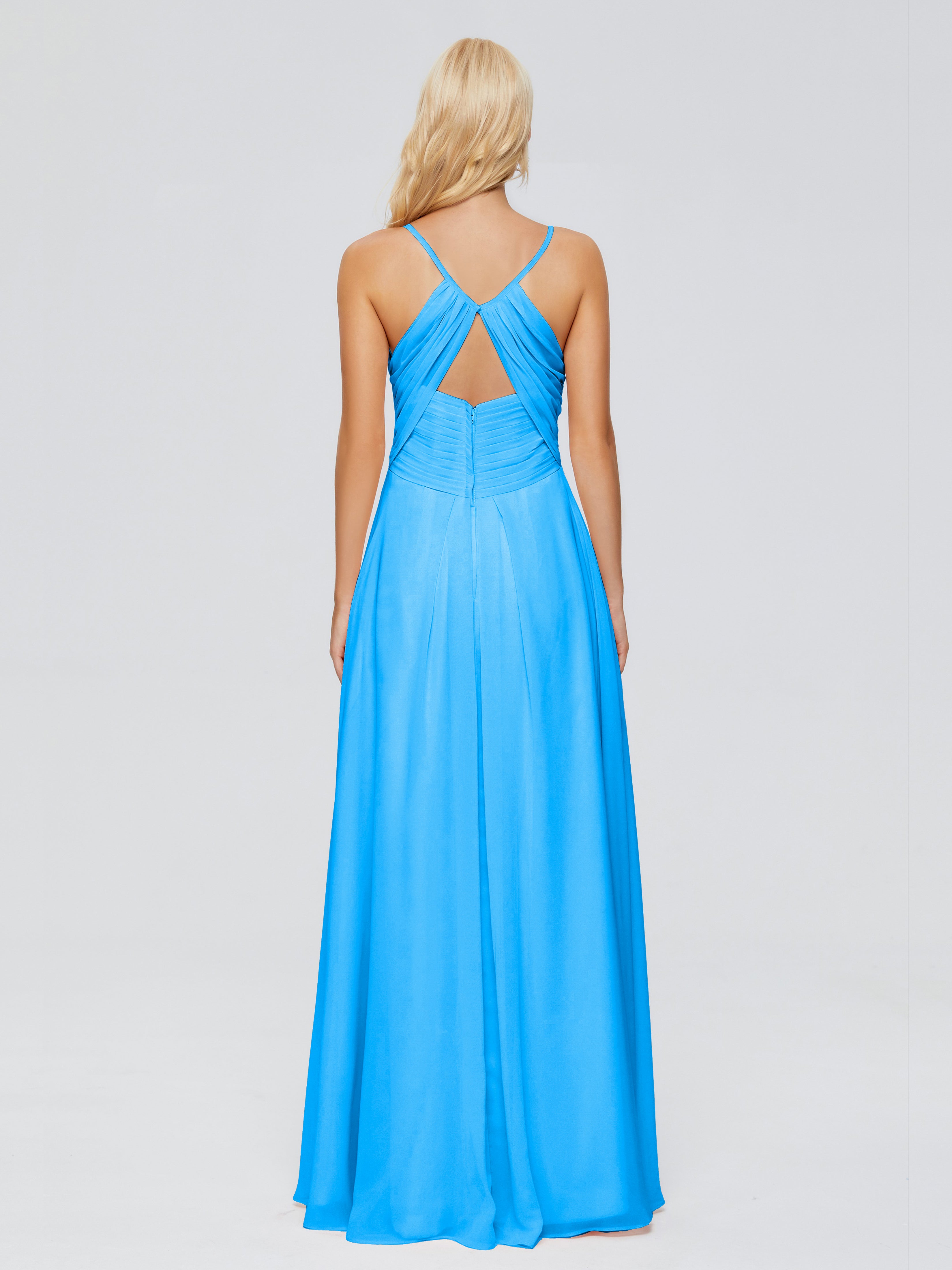 Robes De Demoiselle D'Honneur Bleu Océan Trapèze Col V Bretelles Spaghetti Mousseline Robes Demoiselle D'Honneur