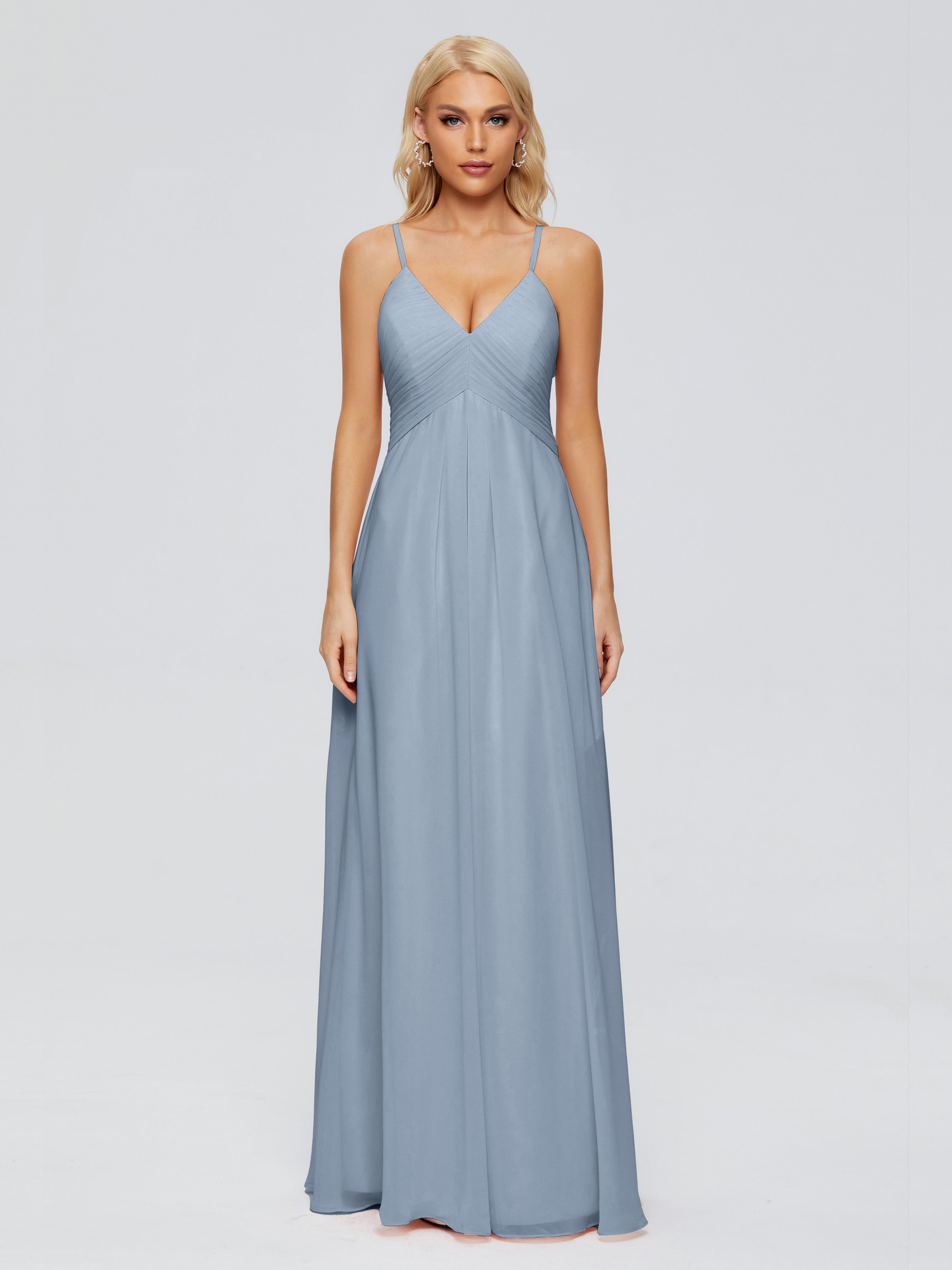 Robes De Demoiselle D'Honneur Bleu Poudre Trapèze Bretelles Spaghetti Mousseline Robes Demoiselle D'Honneur