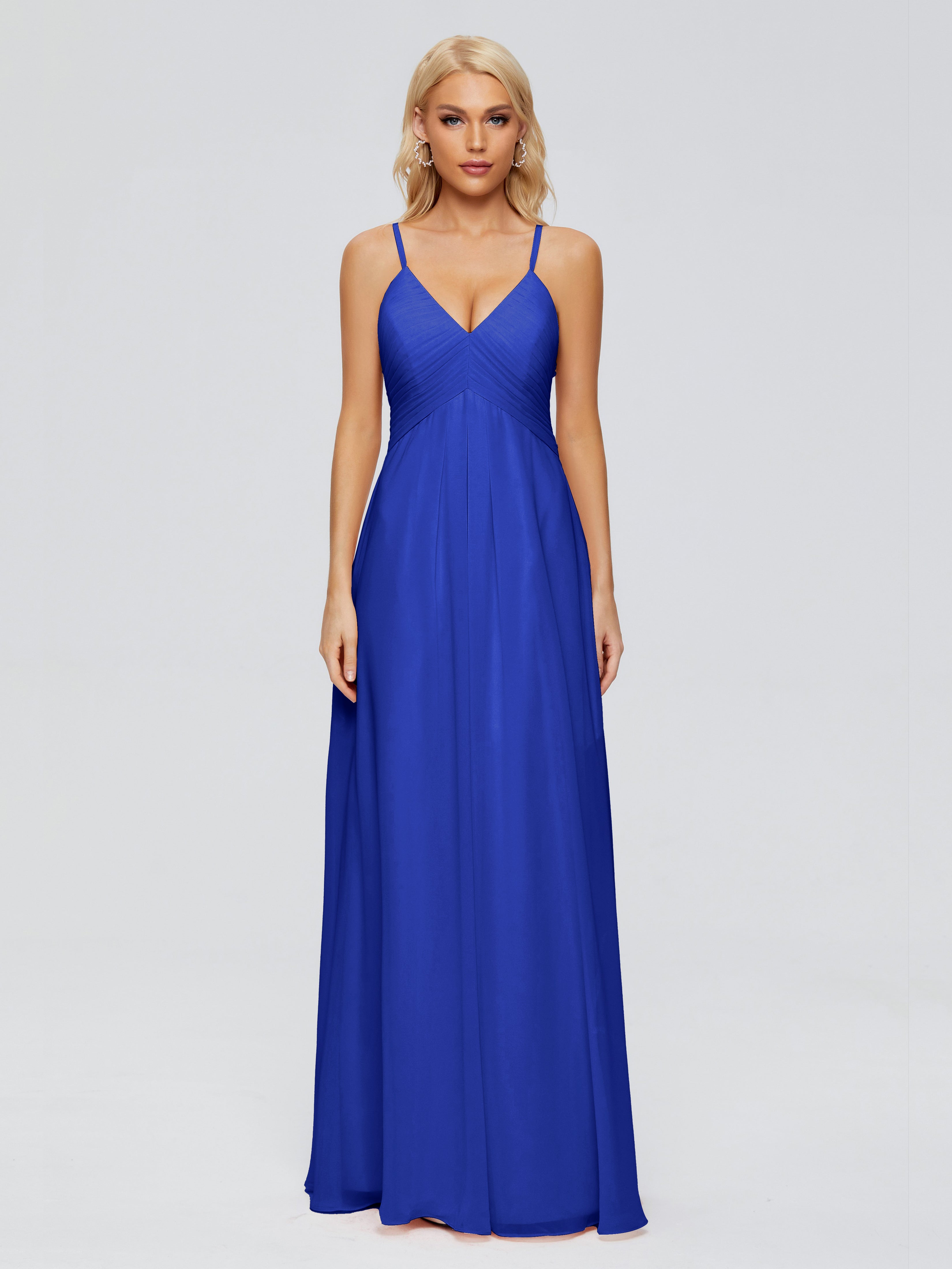 Demoiselle D'Honneur Bleu Royal Trapèze Bretelles Spaghetti Mousseline Robes Demoiselle D'Honneur