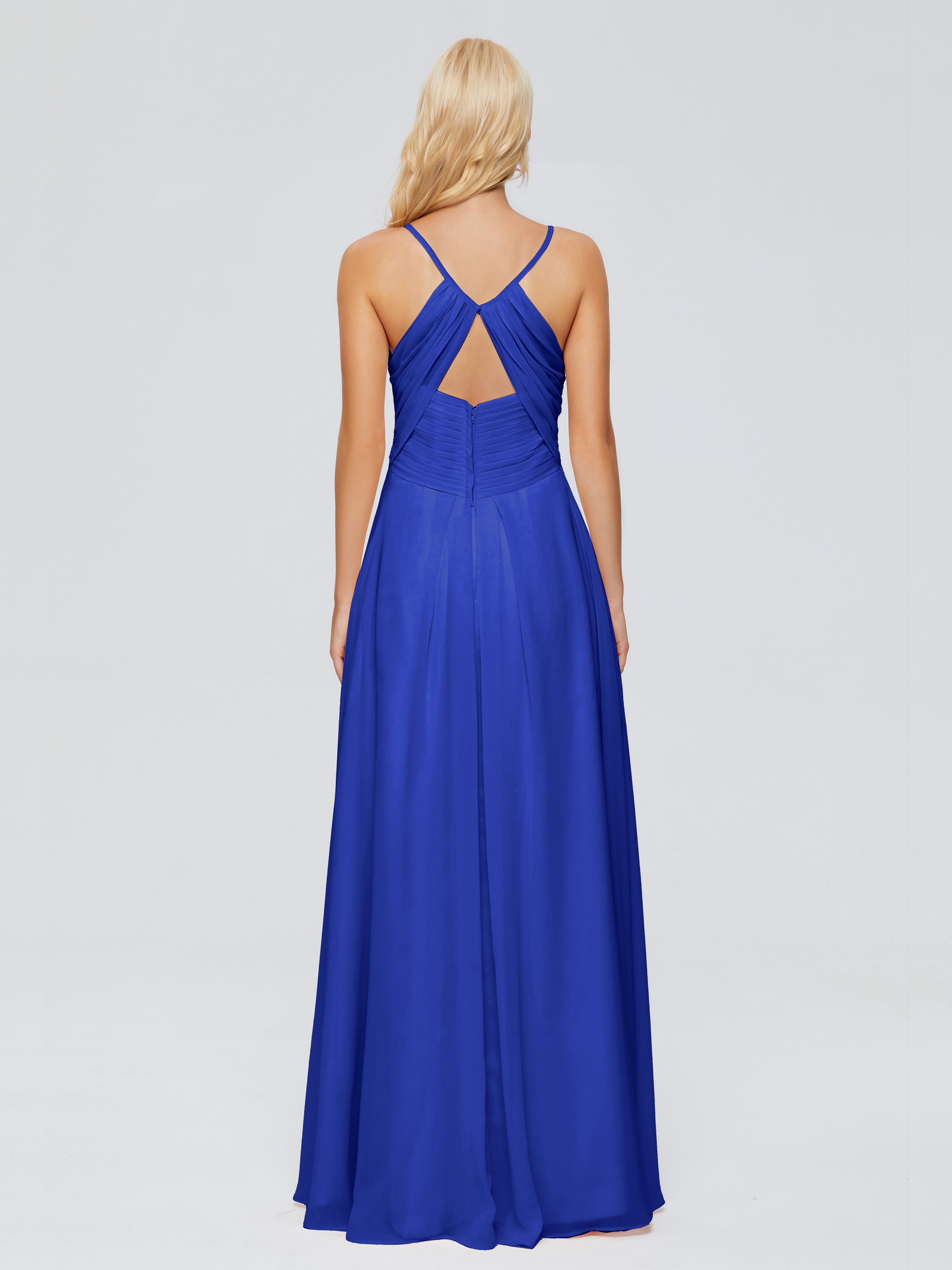 Demoiselle D'Honneur Bleu Royal Trapèze Bretelles Spaghetti Mousseline Robes Demoiselle D'Honneur