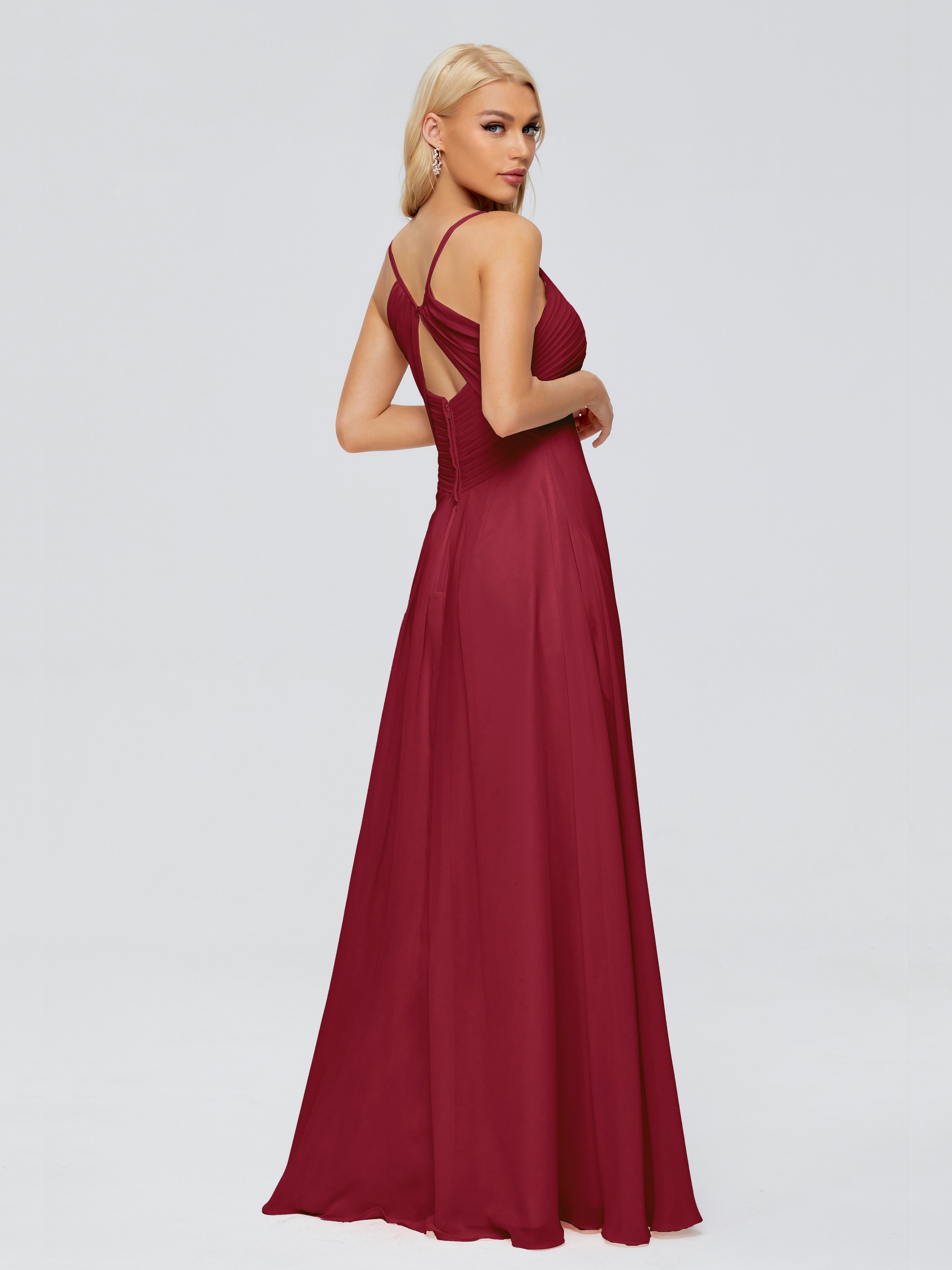 Modestes Robes De Demoiselle D'Honneur Bordeaux Trapèze Bretelles Spaghetti Mousseline Robes Demoiselle D'Honneur