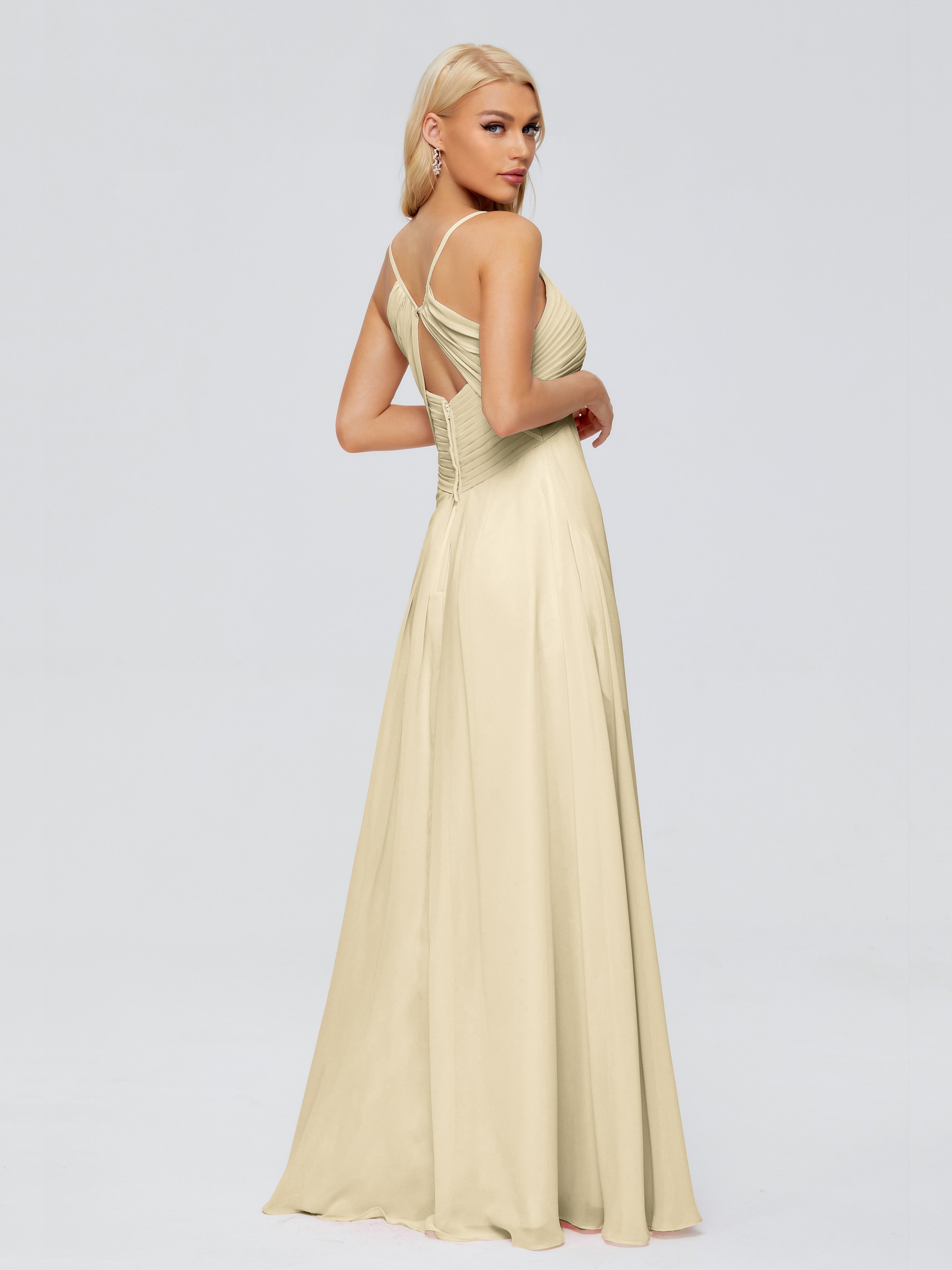 Robe De Demoiselle D'Honneur Champagne Trapèze Bretelles Spaghetti Mousseline Robes Demoiselle D'Honneur