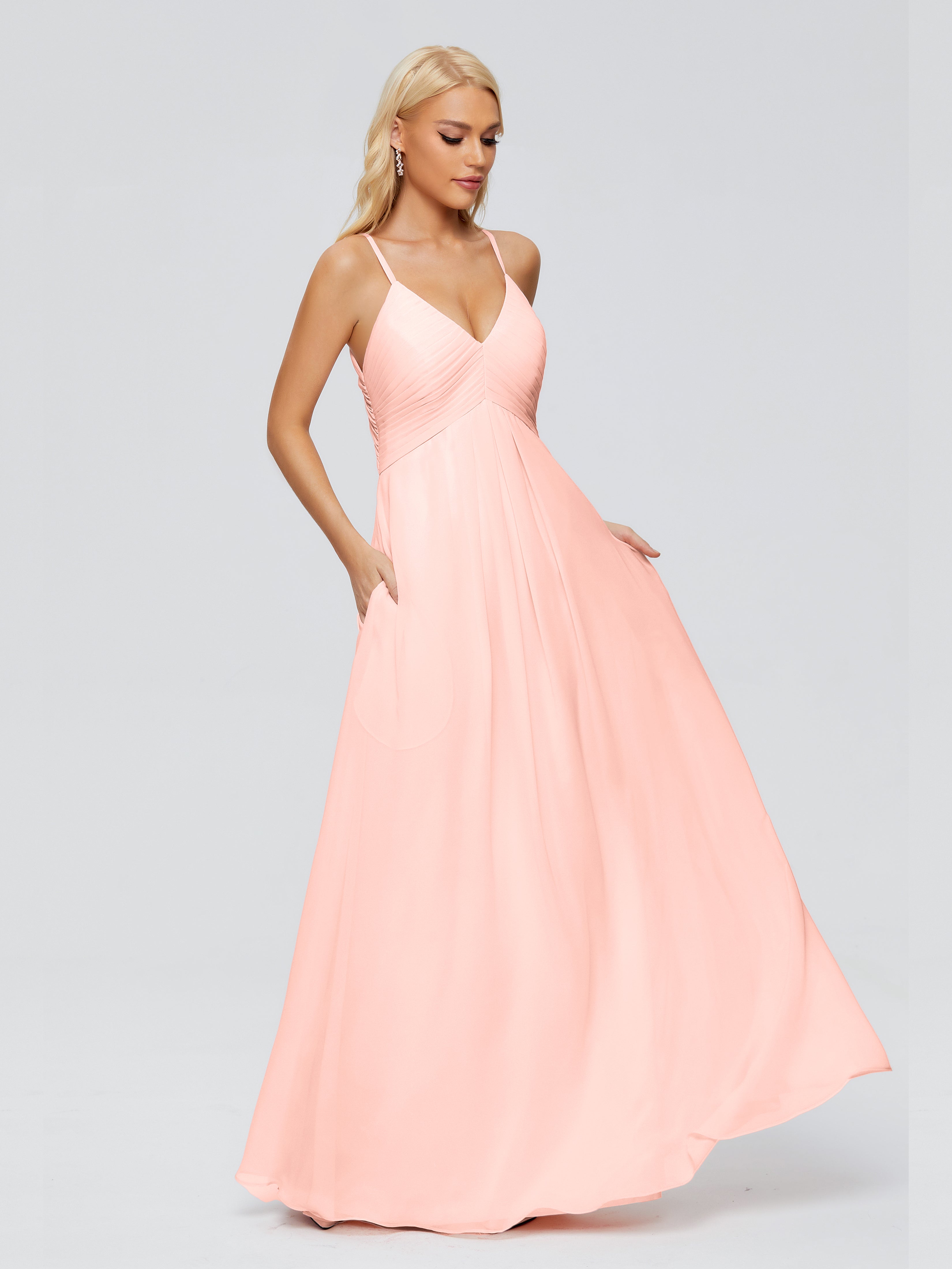 Robe Demoiselle Honneur Corail Trapèze Bretelles Spaghetti Mousseline Robes Demoiselle D'Honneur