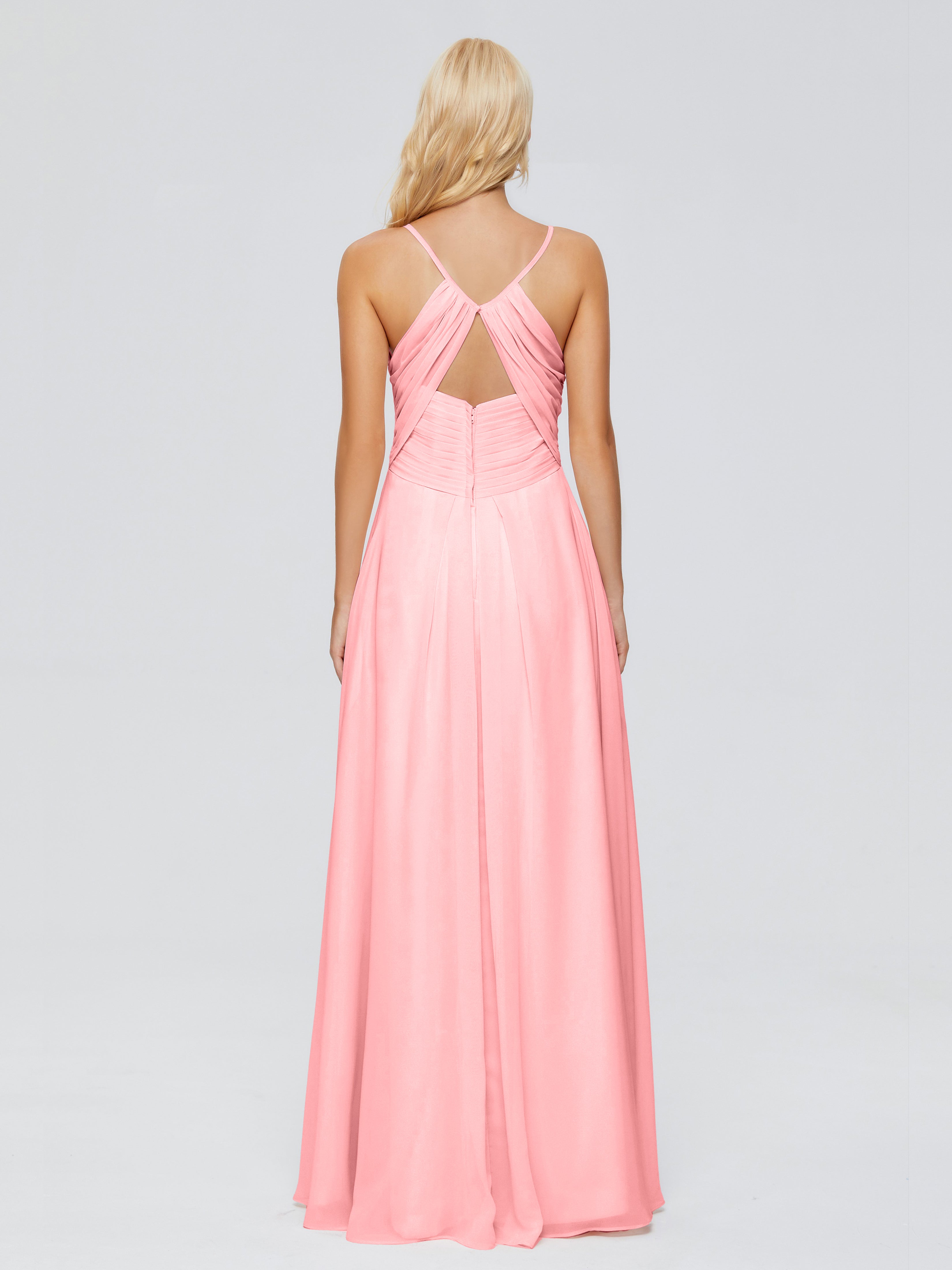 Robes De Demoiselle D'Honneur En Flamant Trapèze Col V Bretelles Spaghetti Mousseline Robes Demoiselle D'Honneur