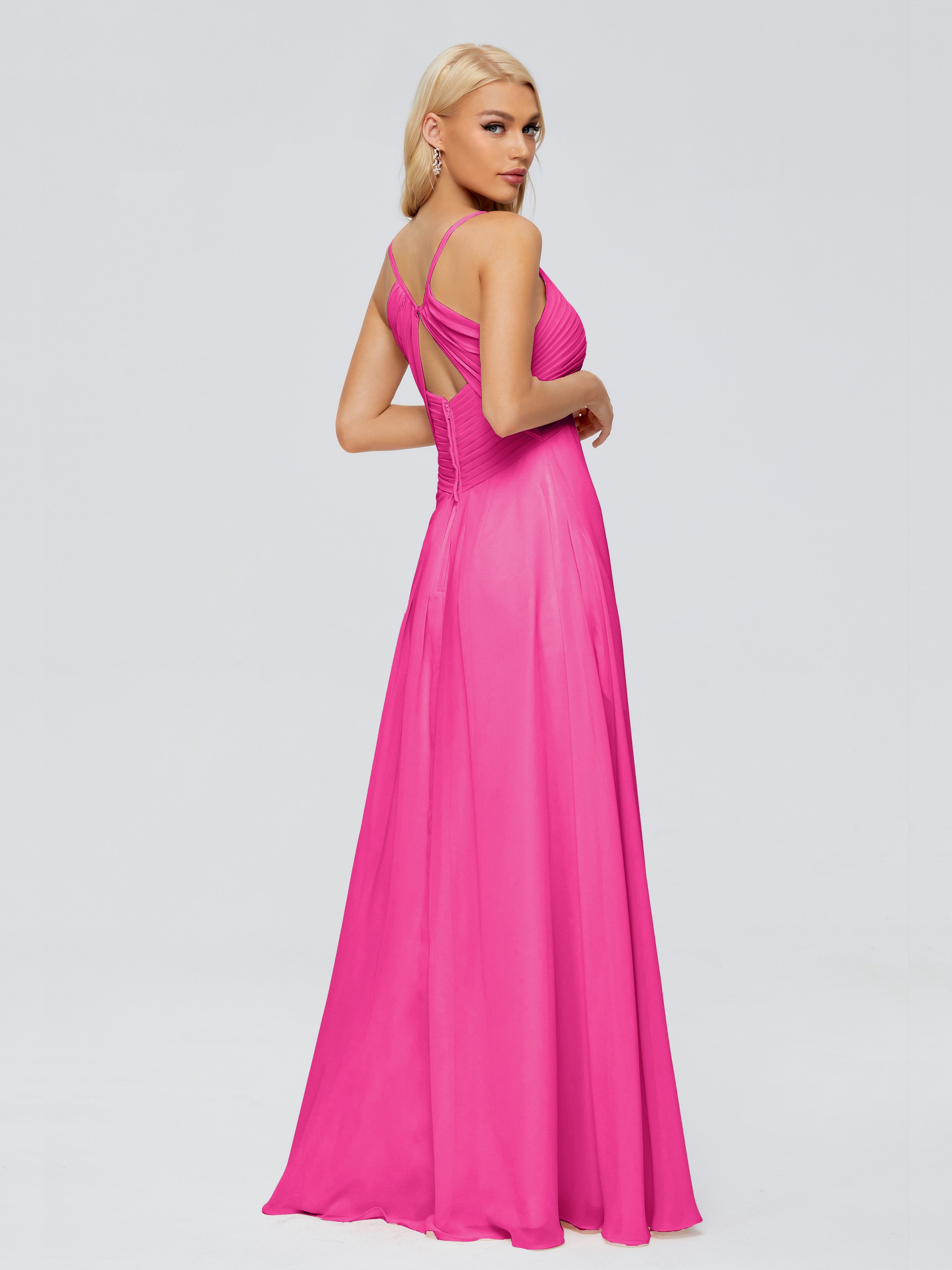 Robes De Demoiselle D'Honneur Rose Fuchsia Trapèze Bretelles Spaghetti Mousseline Robes Demoiselle D'Honneur