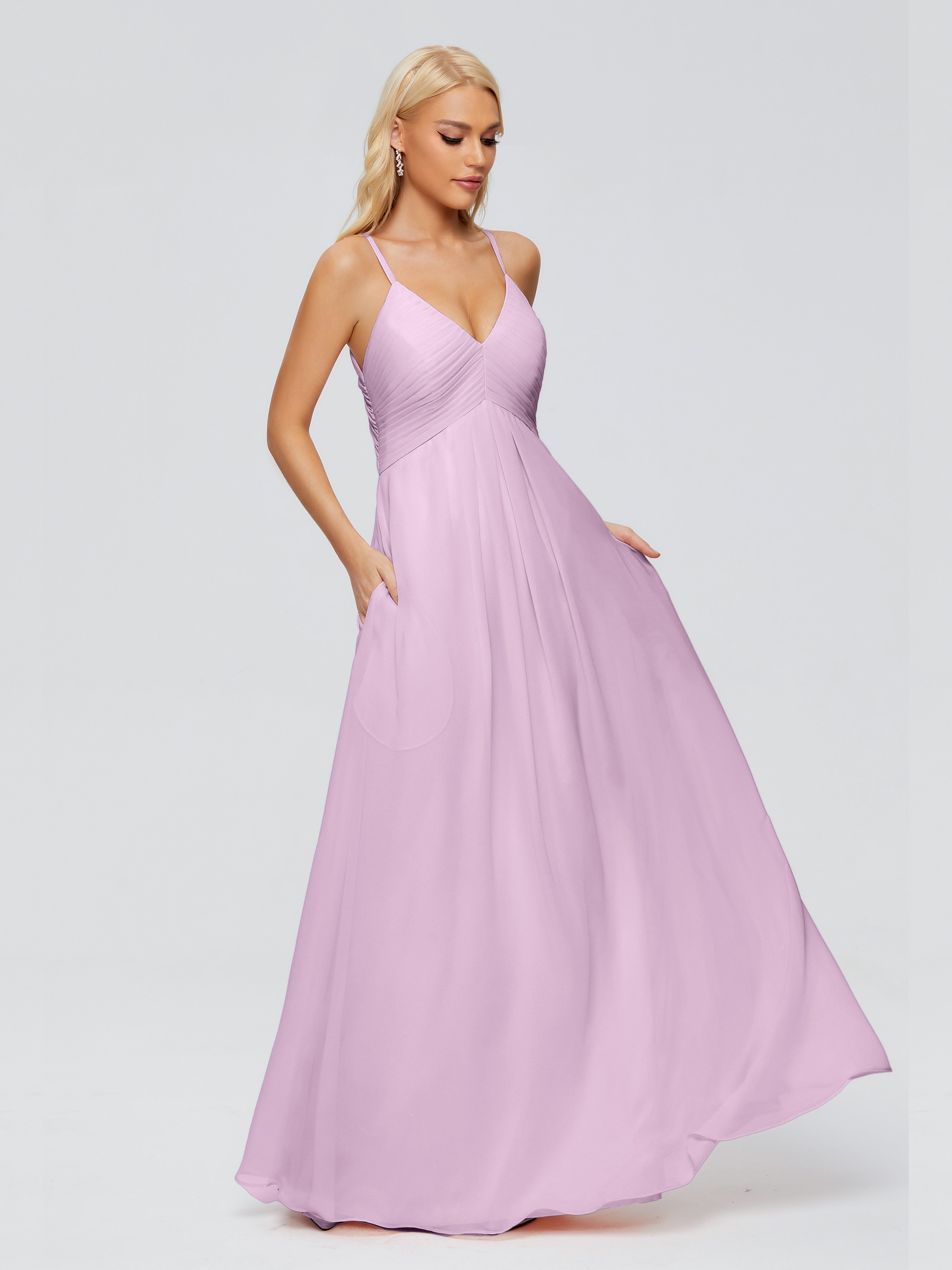 Robes De Demoiselle D'Honneur Glycine Trapèze Col V Bretelles Spaghetti Mousseline Robes Demoiselle D'Honneur