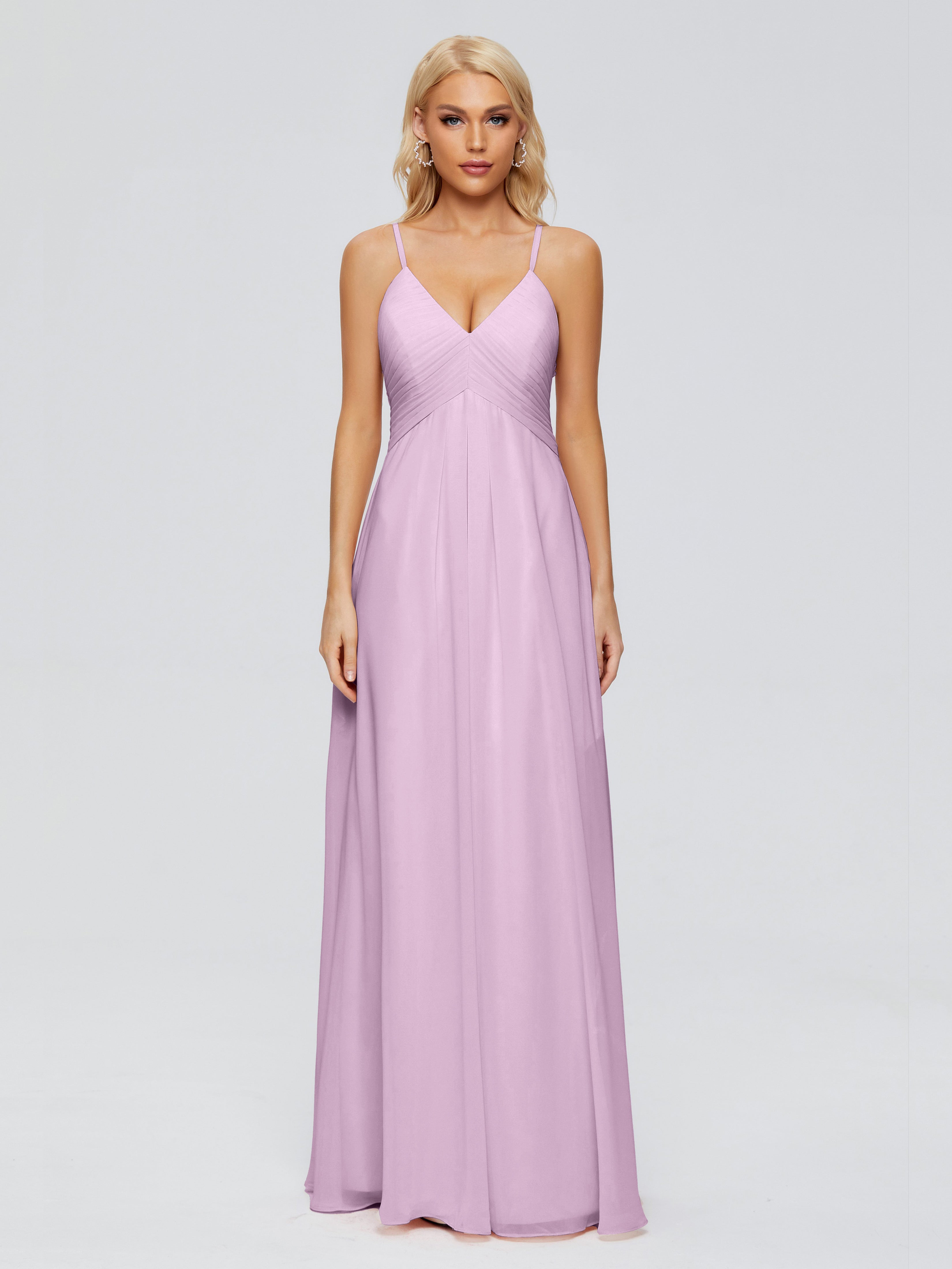 Robes De Demoiselle D'Honneur Glycine Trapèze Col V Bretelles Spaghetti Mousseline Robes Demoiselle D'Honneur