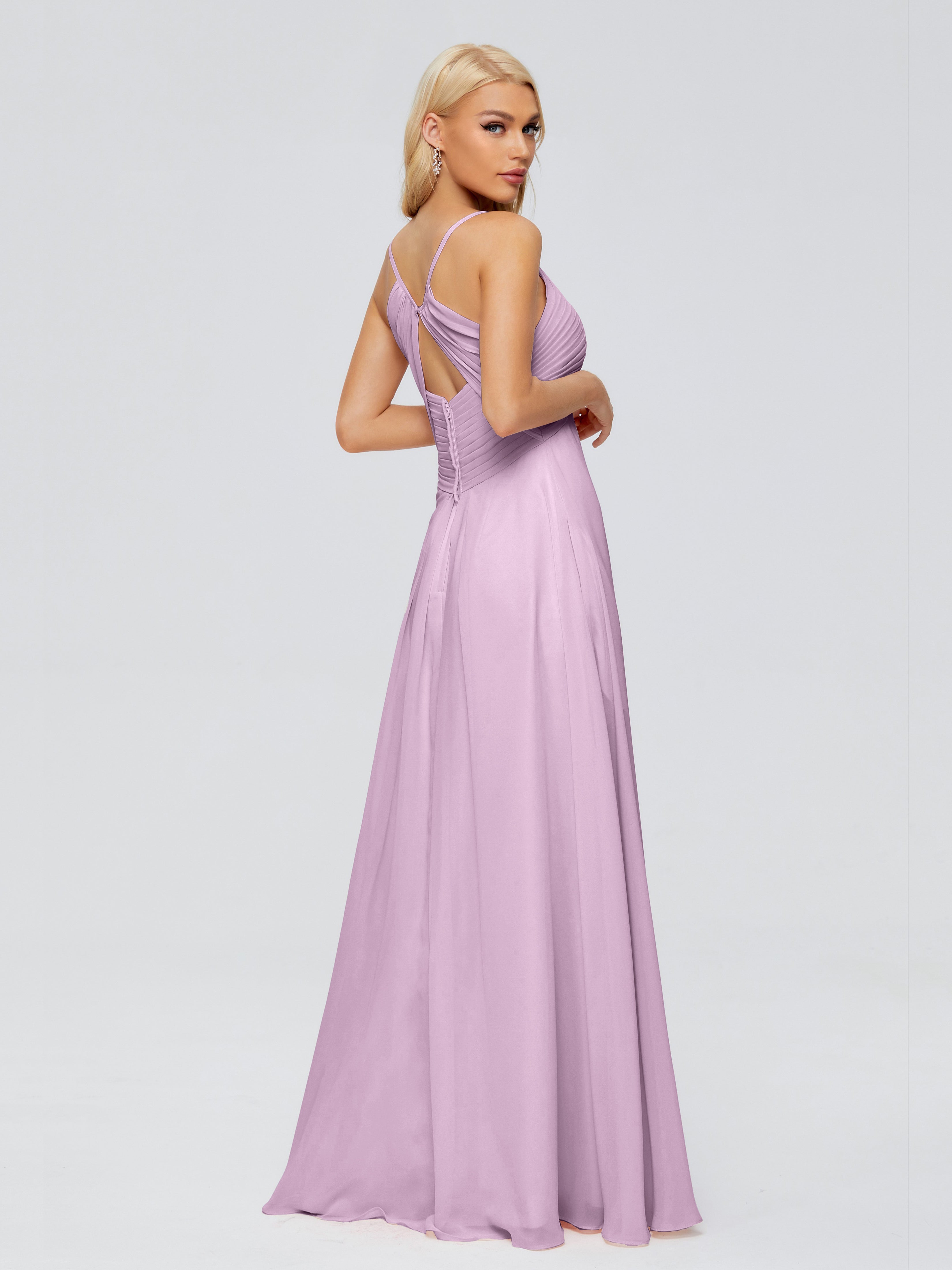 Robes De Demoiselle D'Honneur Glycine Trapèze Col V Bretelles Spaghetti Mousseline Robes Demoiselle D'Honneur