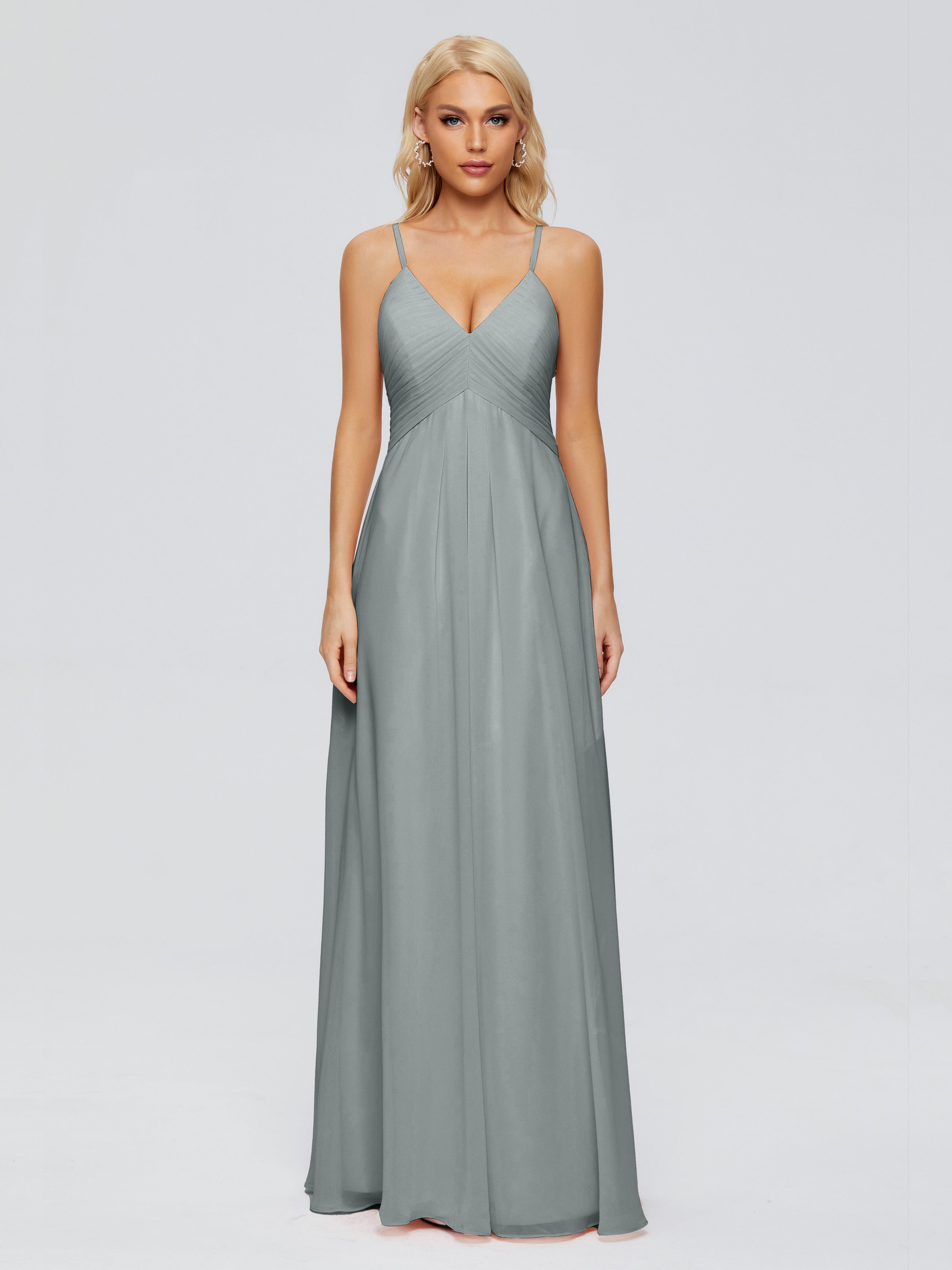 Robe De Demoiselle D Honneur Gris Trapèze Bretelles Spaghetti Mousseline Robes Demoiselle D'Honneur