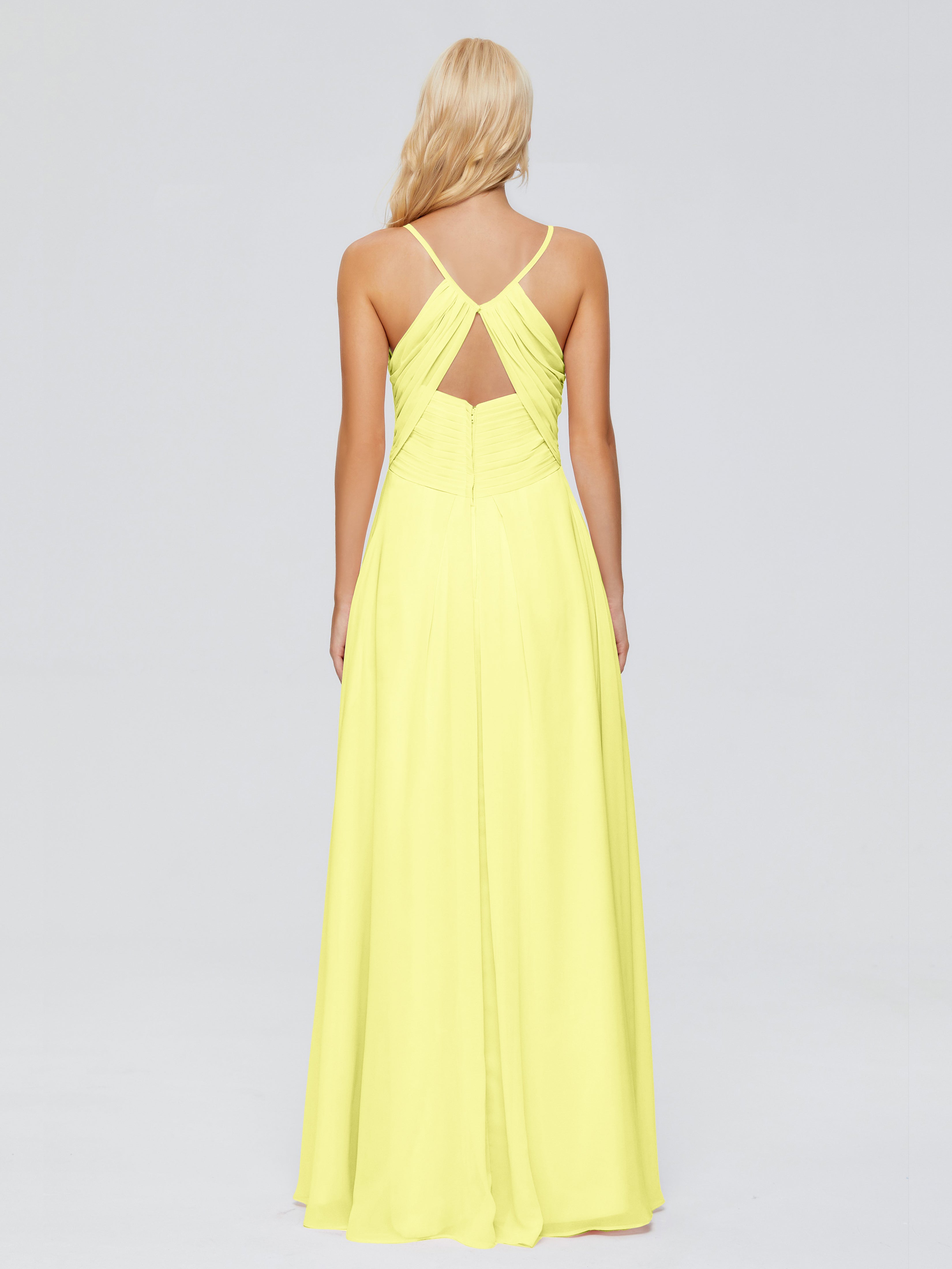 Robes De Demoiselle D'Honneur Jonquille Trapèze Col V Bretelles Spaghetti Mousseline Robes Demoiselle D'Honneur