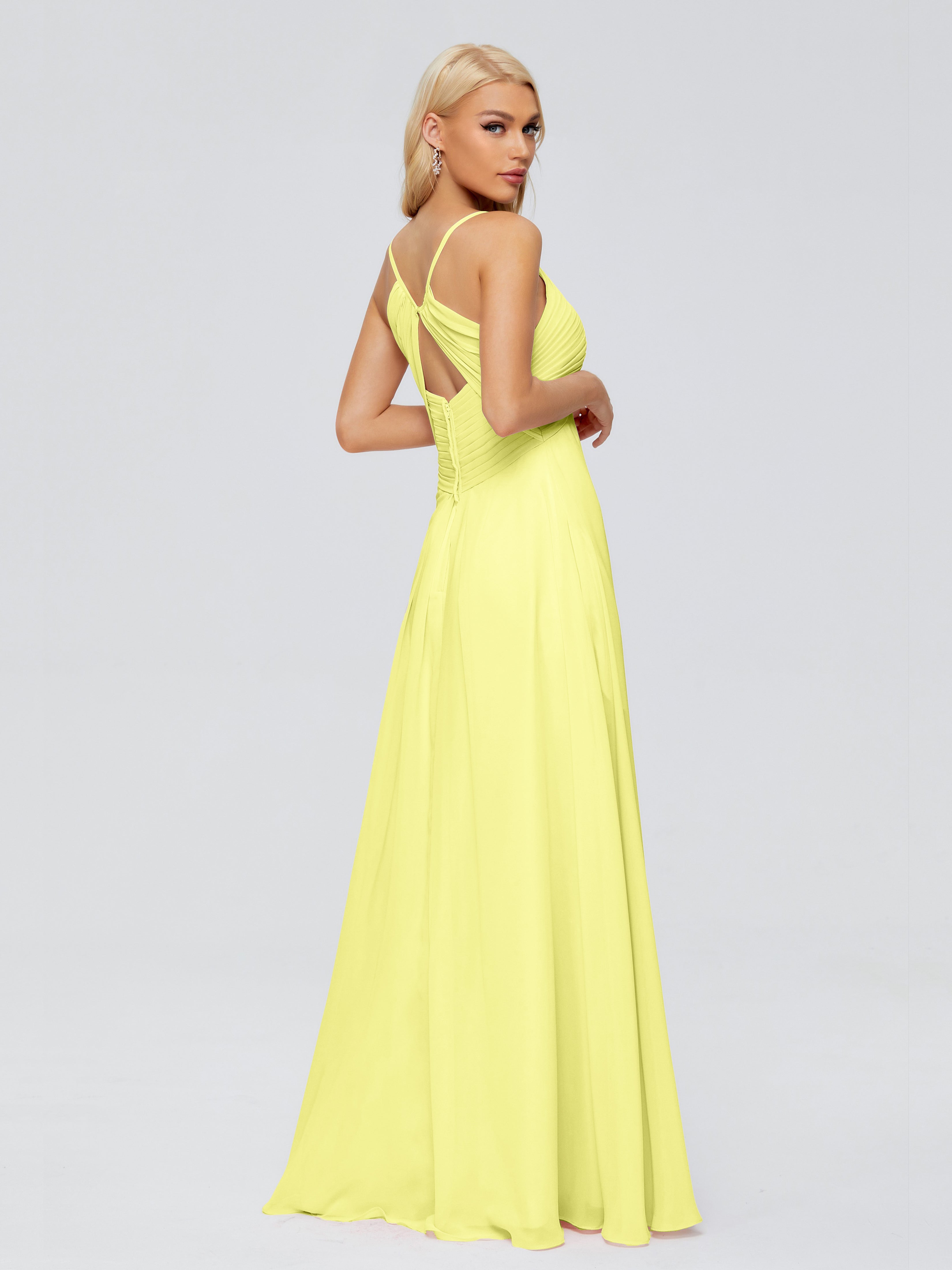 Robes De Demoiselle D'Honneur Jonquille Trapèze Col V Bretelles Spaghetti Mousseline Robes Demoiselle D'Honneur