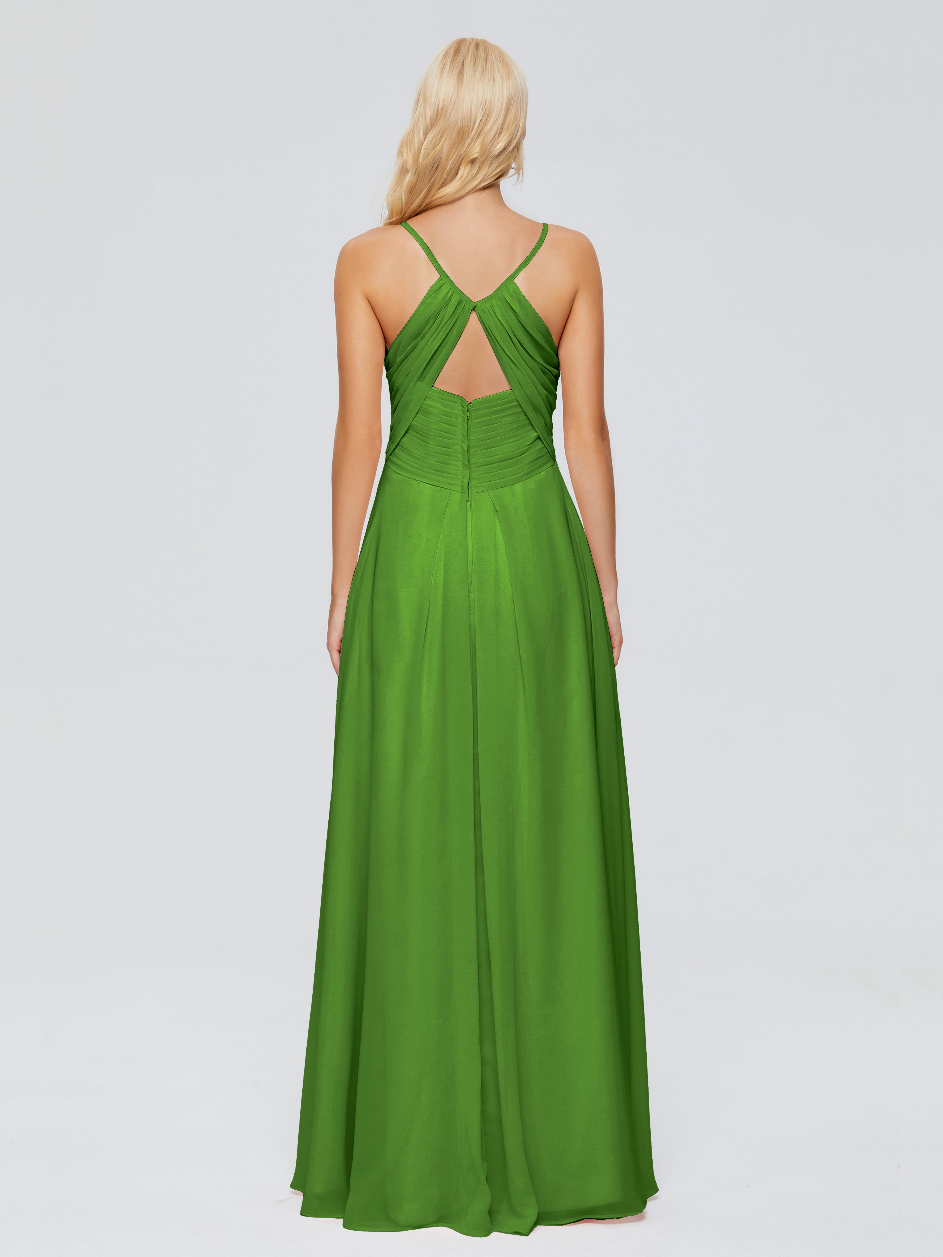 Robes De Demoiselle D'Honneur Vert Mousse Trapèze Col V Bretelles Spaghetti Mousseline Robes Demoiselle D'Honneur