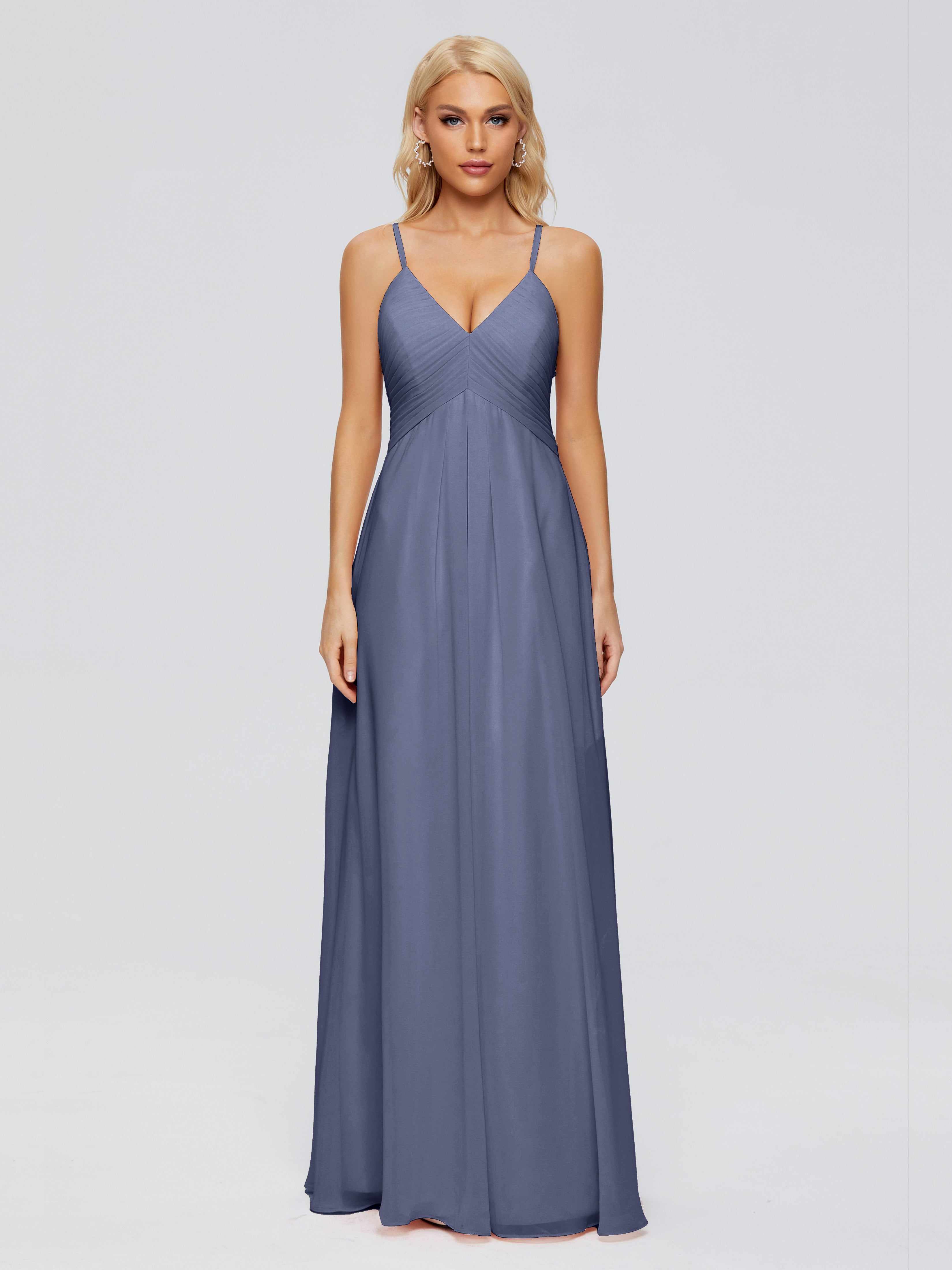 Robes De Demoiselle D'Honneur Bleu Orageux Trapèze Col V Bretelles Spaghetti Mousseline Robes Demoiselle D'Honneur