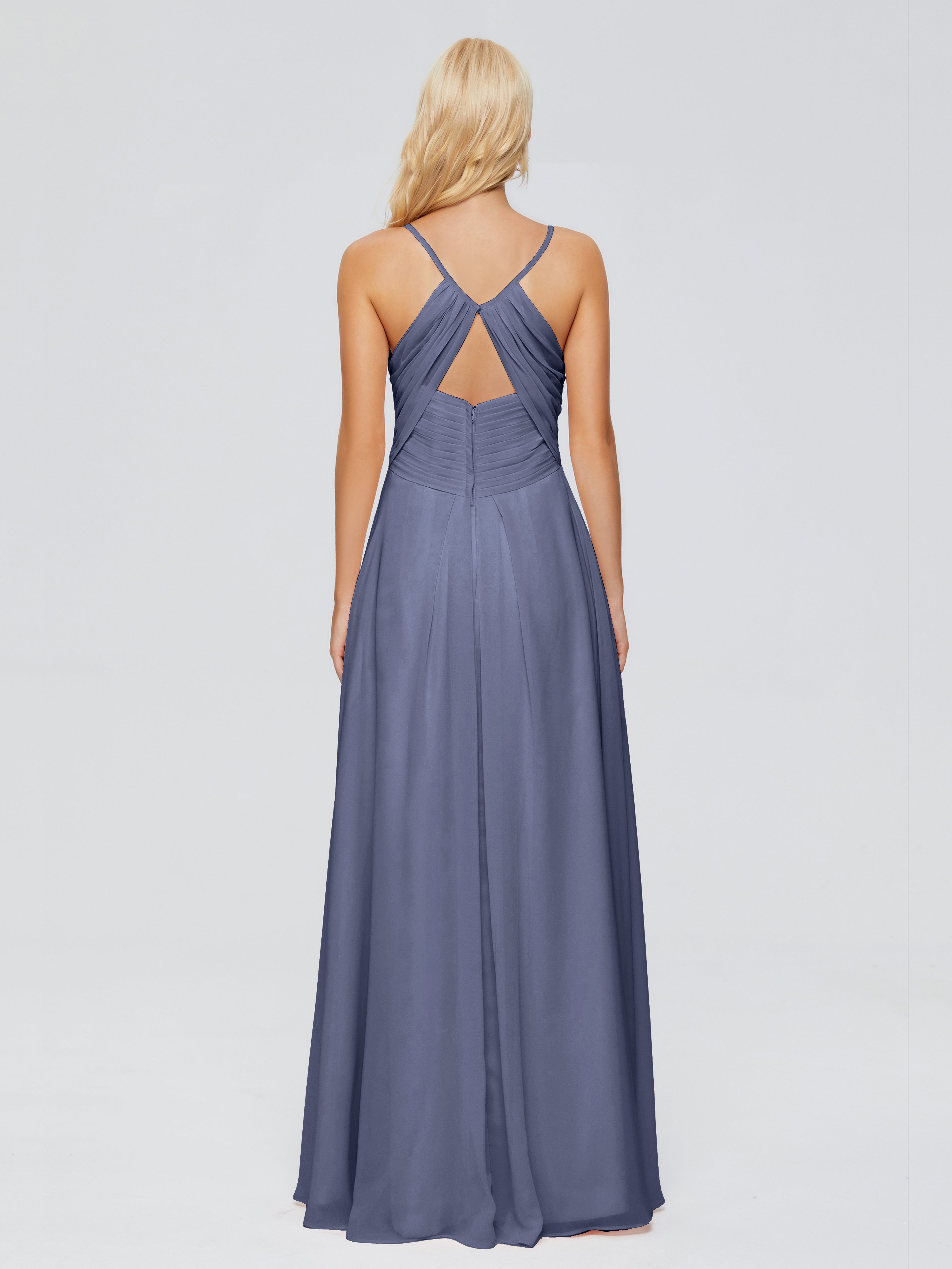 Robes De Demoiselle D'Honneur Bleu Orageux Trapèze Col V Bretelles Spaghetti Mousseline Robes Demoiselle D'Honneur