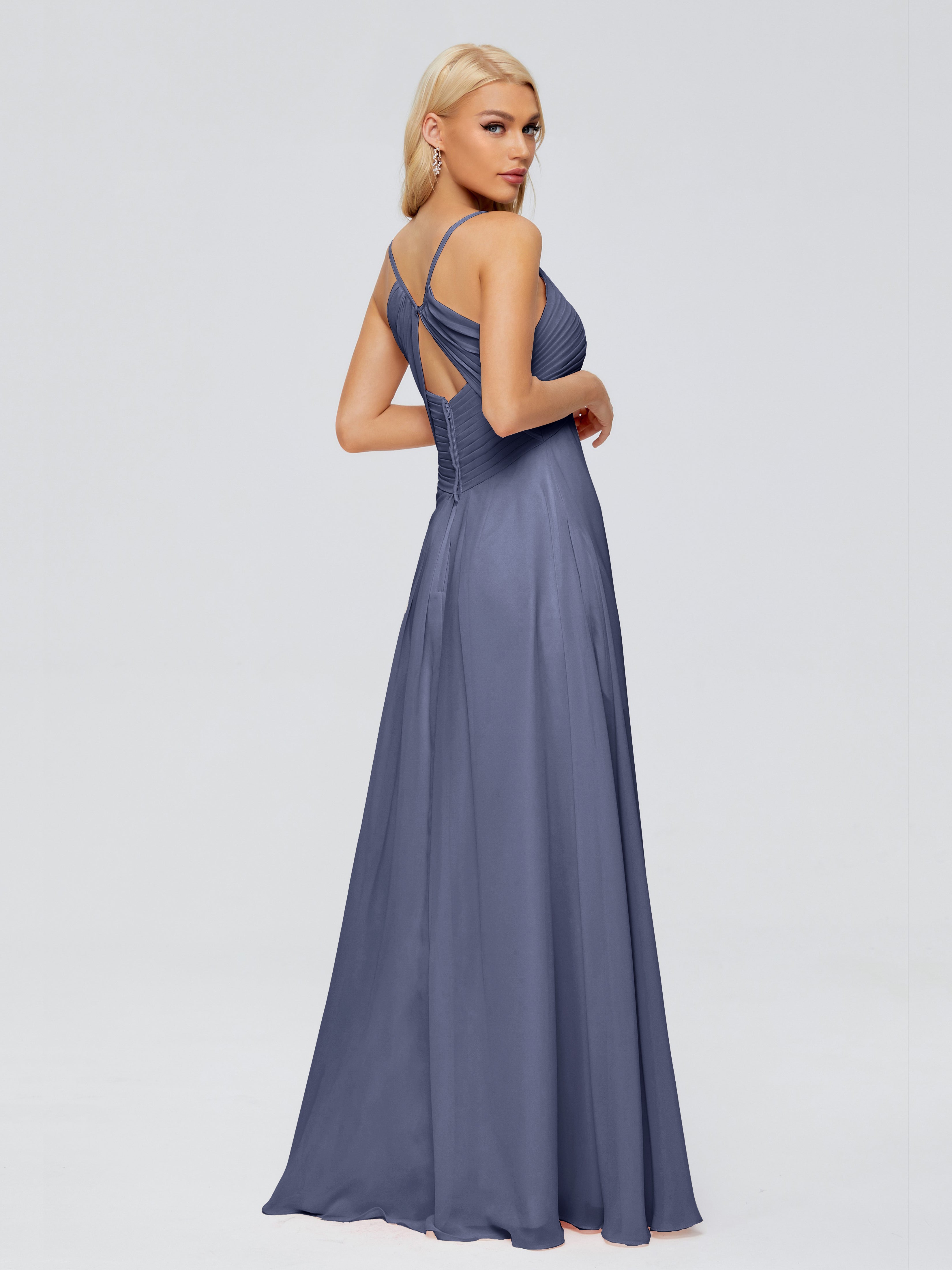 Robes De Demoiselle D'Honneur Bleu Orageux Trapèze Col V Bretelles Spaghetti Mousseline Robes Demoiselle D'Honneur