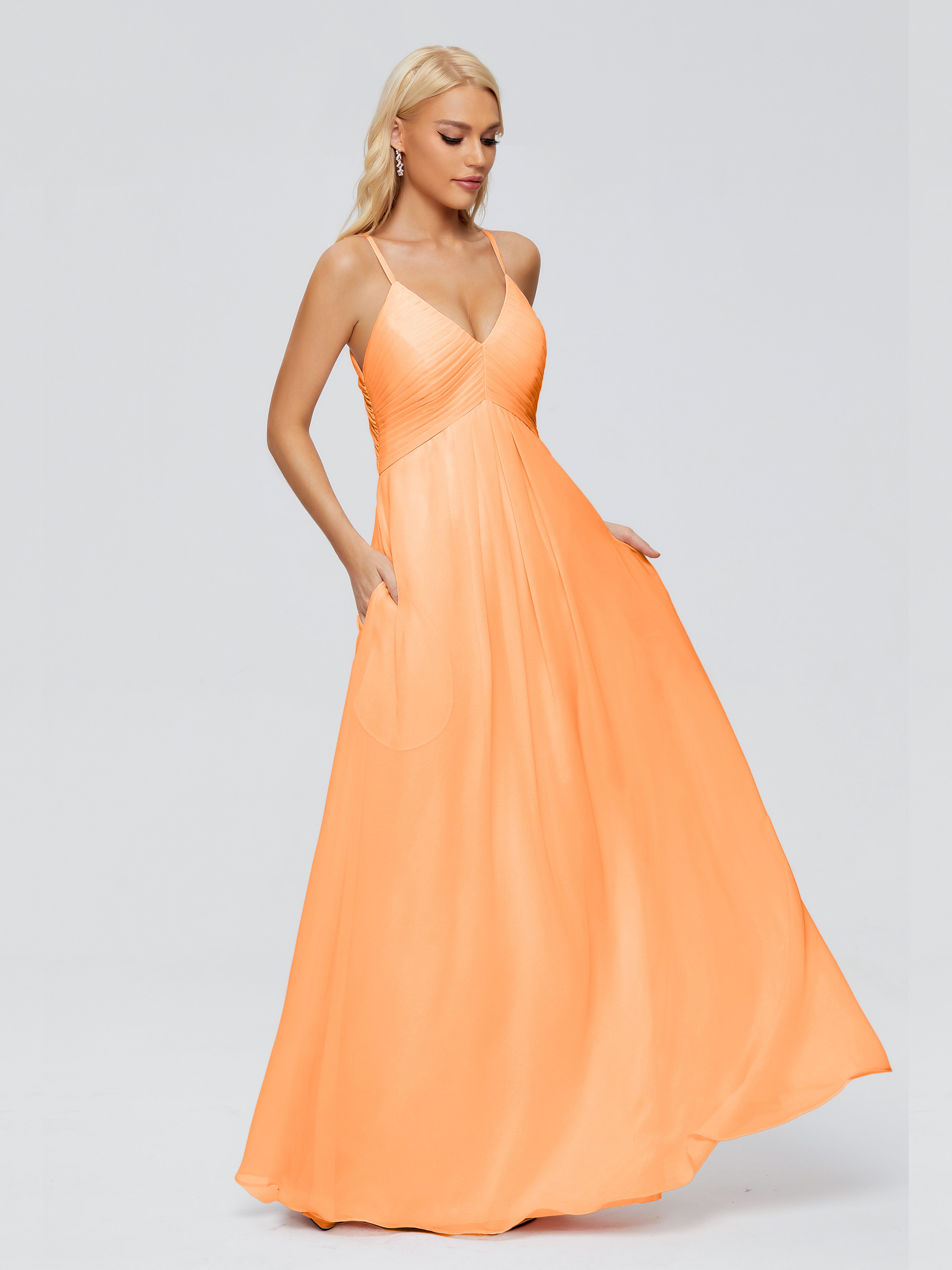 Robe Demoiselle D Honneur Orange Trapèze Col V Bretelles Spaghetti Mousseline Robes Demoiselle D'Honneur