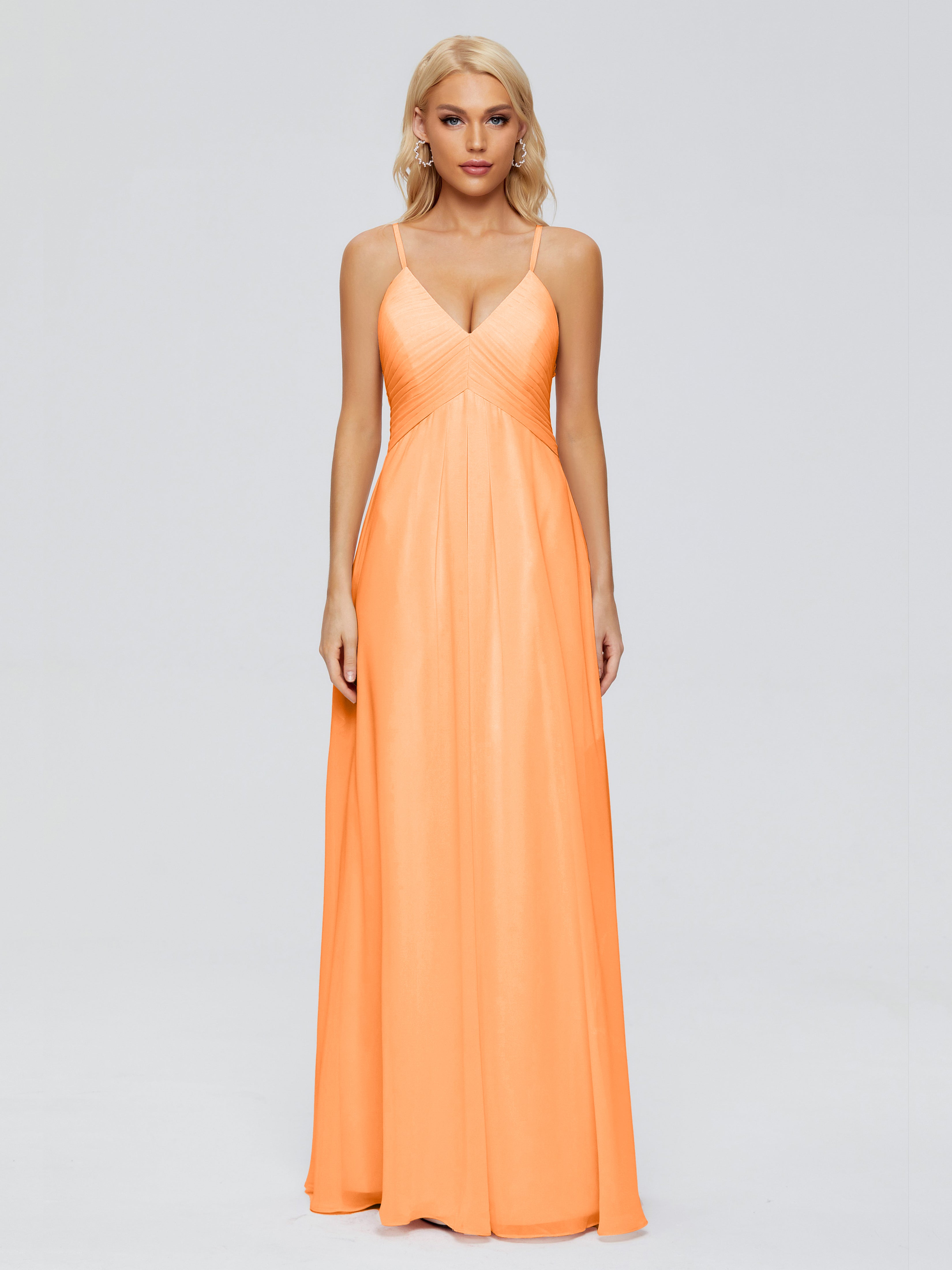 Robe Demoiselle D Honneur Orange Trapèze Col V Bretelles Spaghetti Mousseline Robes Demoiselle D'Honneur