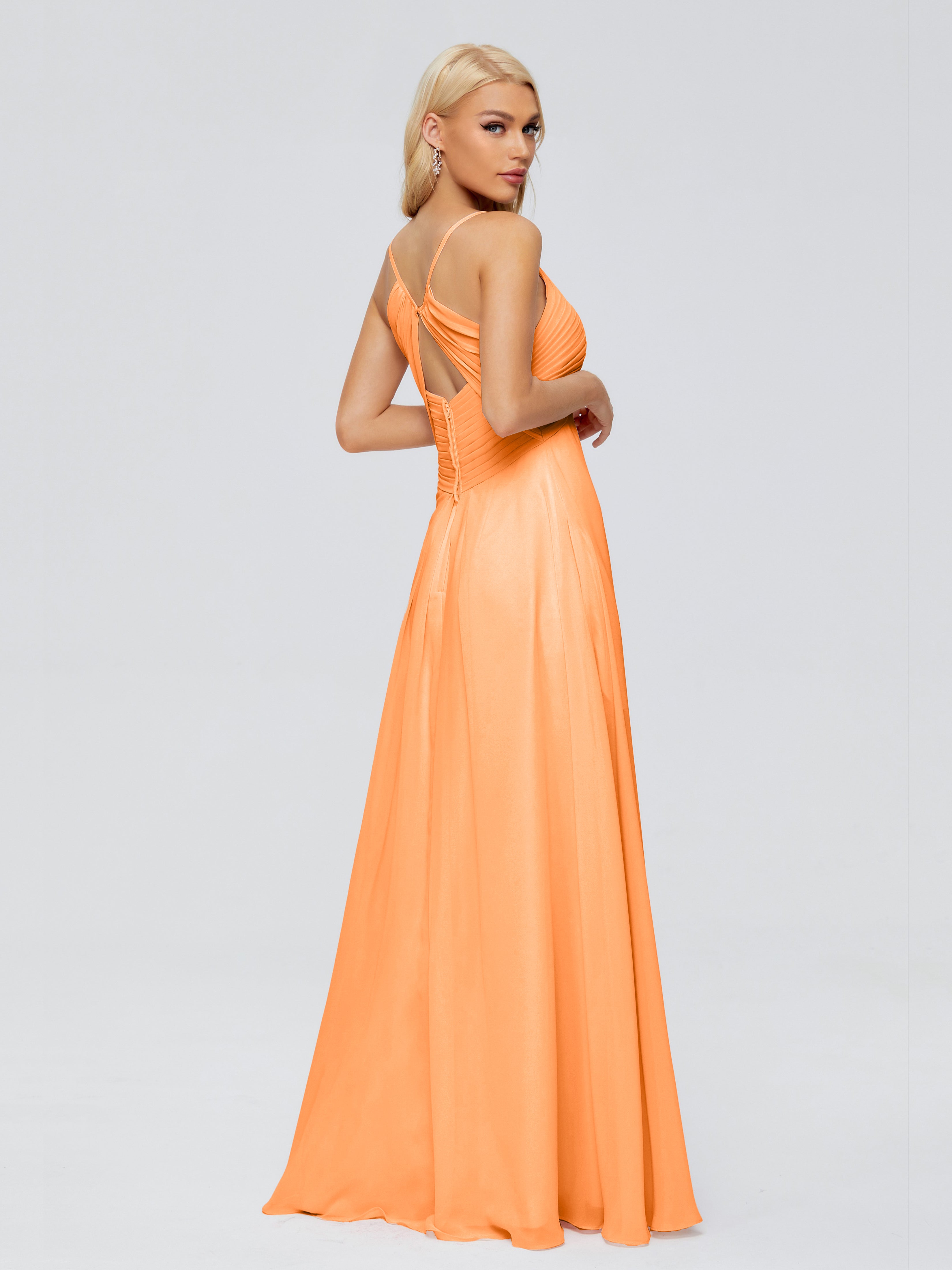 Robe Demoiselle D Honneur Orange Trapèze Col V Bretelles Spaghetti Mousseline Robes Demoiselle D'Honneur