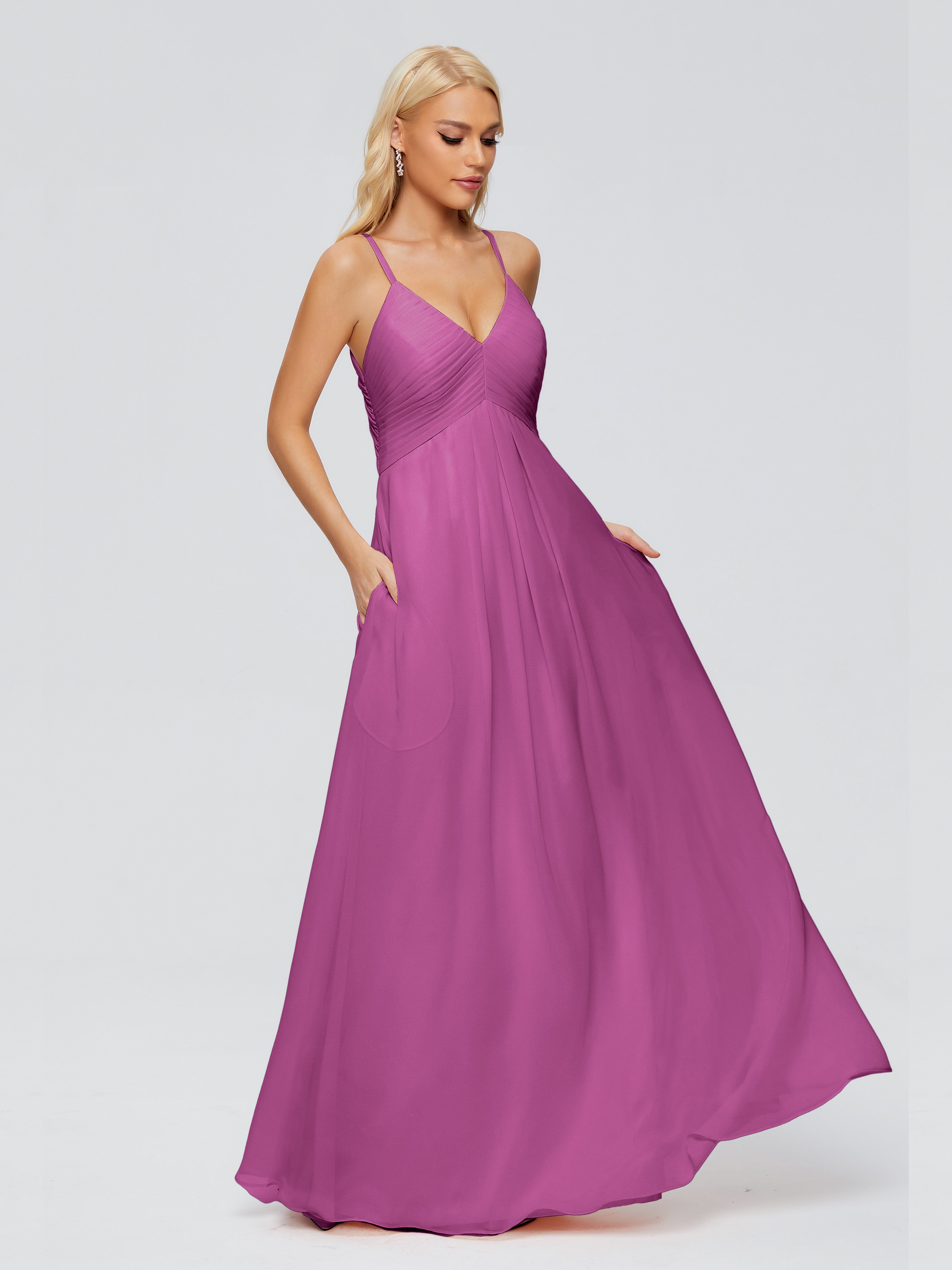 Robes De Demoiselle D'Honneur Orchidée Trapèze Col V Bretelles Spaghetti Mousseline Robes Demoiselle D'Honneur