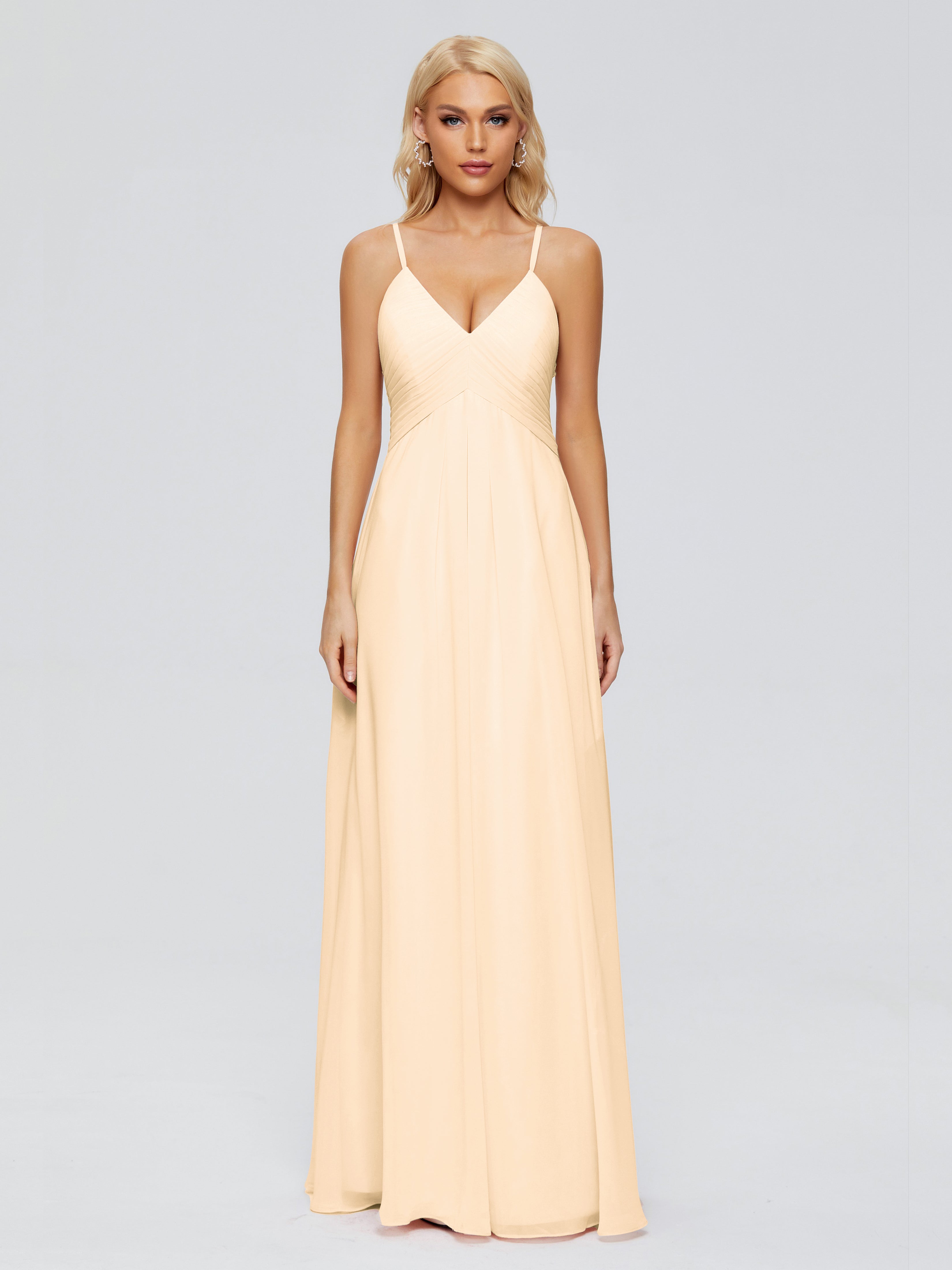 Robe Demoiselle D Honneur Rose Peche Trapèze Bretelles Spaghetti Mousseline Robes Demoiselle D'Honneur