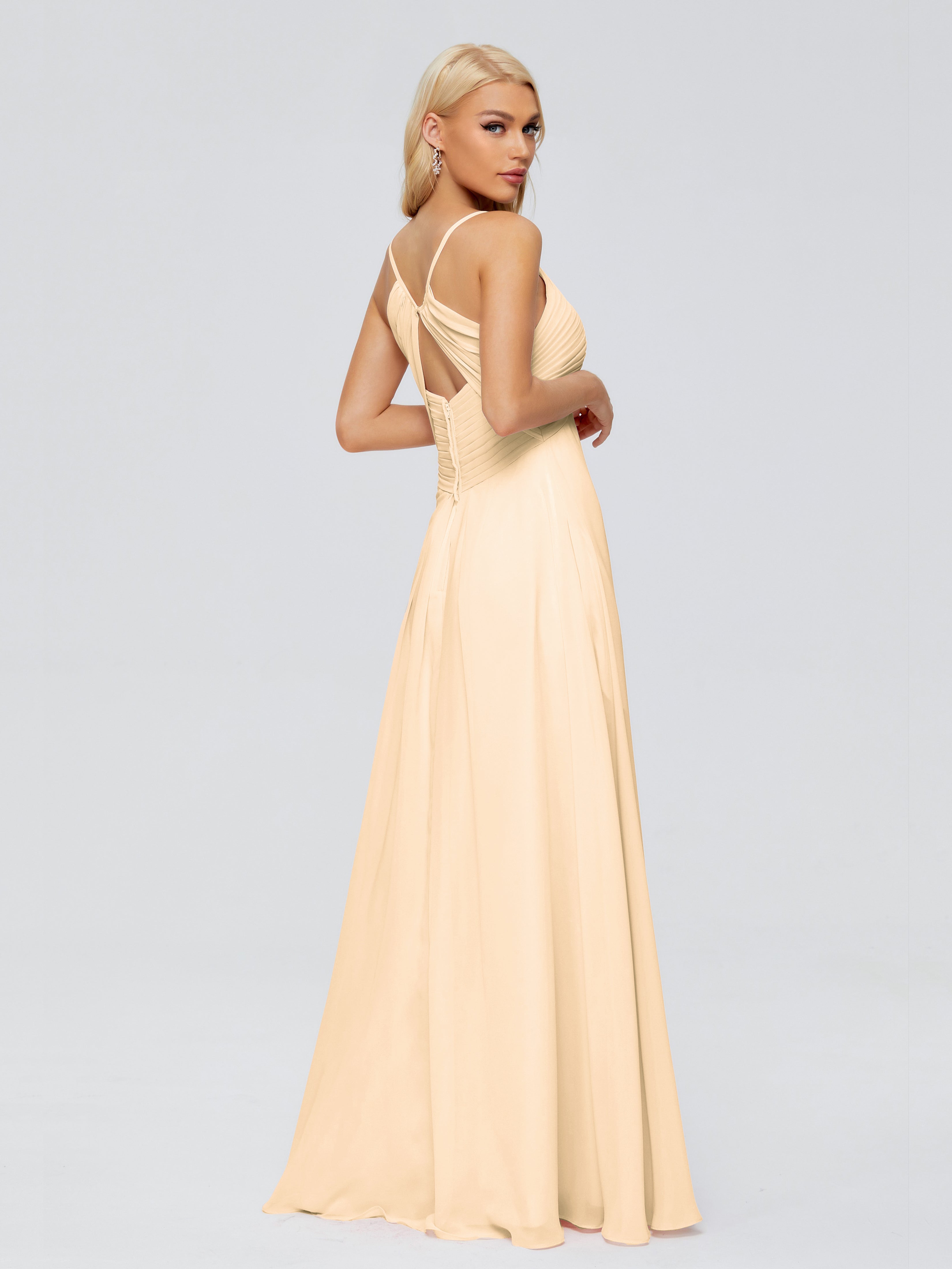 Robe Demoiselle D Honneur Rose Peche Trapèze Bretelles Spaghetti Mousseline Robes Demoiselle D'Honneur