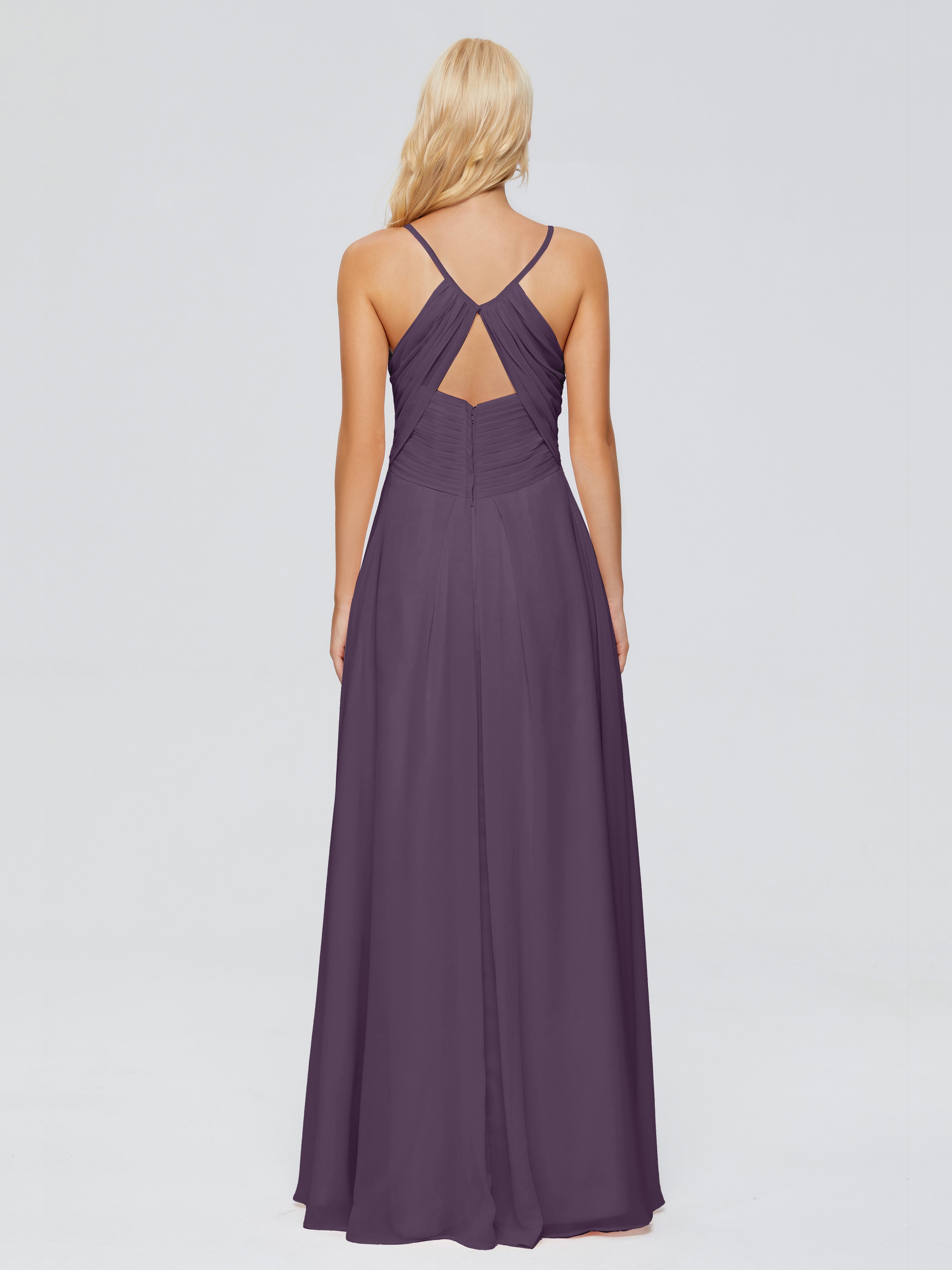 Robe De Demoiselle D'Honneur En Plum Trapèze Col V Bretelles Spaghetti Mousseline Robes Demoiselle D'Honneur