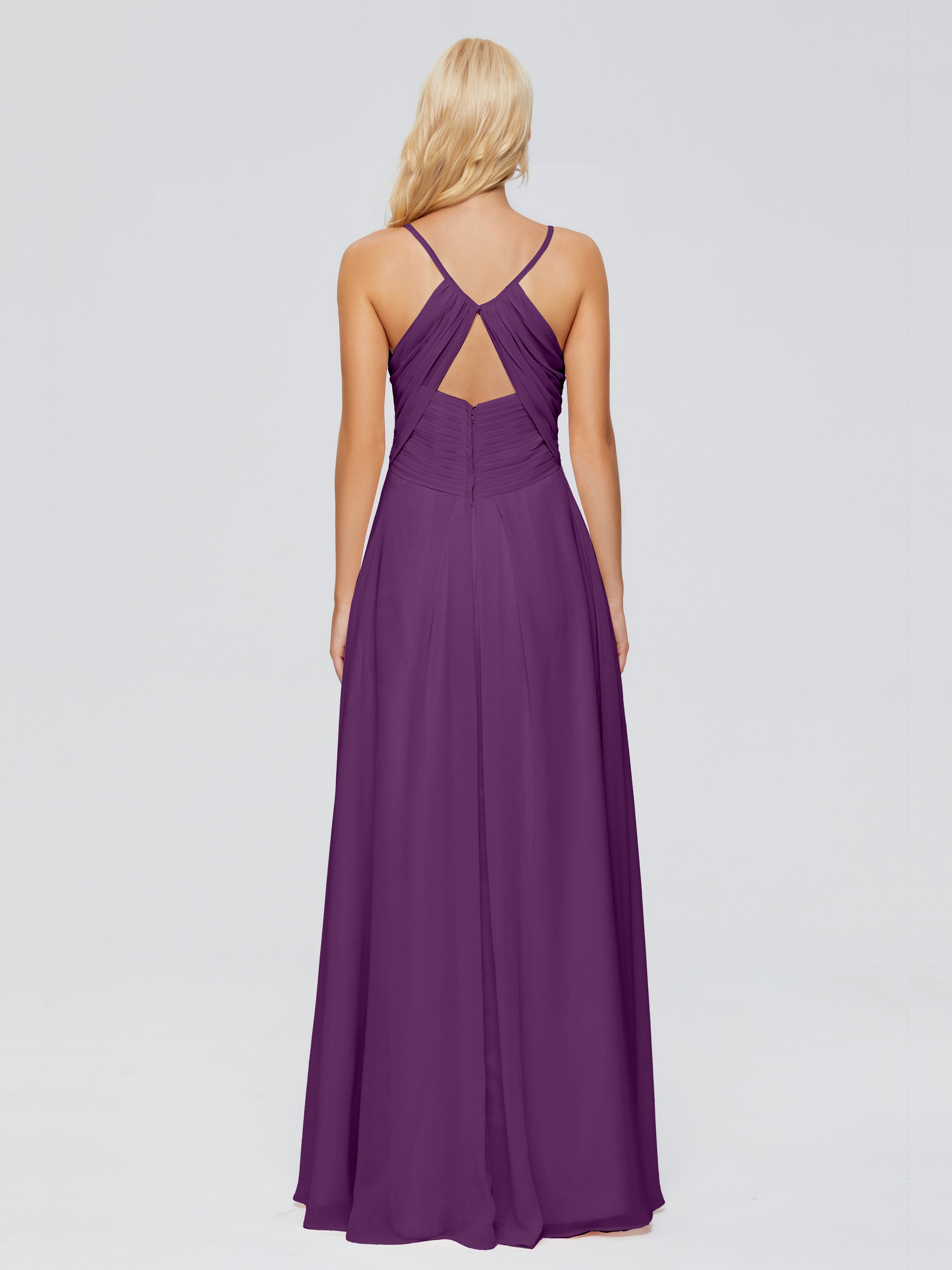 Robes De Demoiselle D'Honneur En Raisin Trapèze Col V Bretelles Spaghetti Mousseline Robes Demoiselle D'Honneur