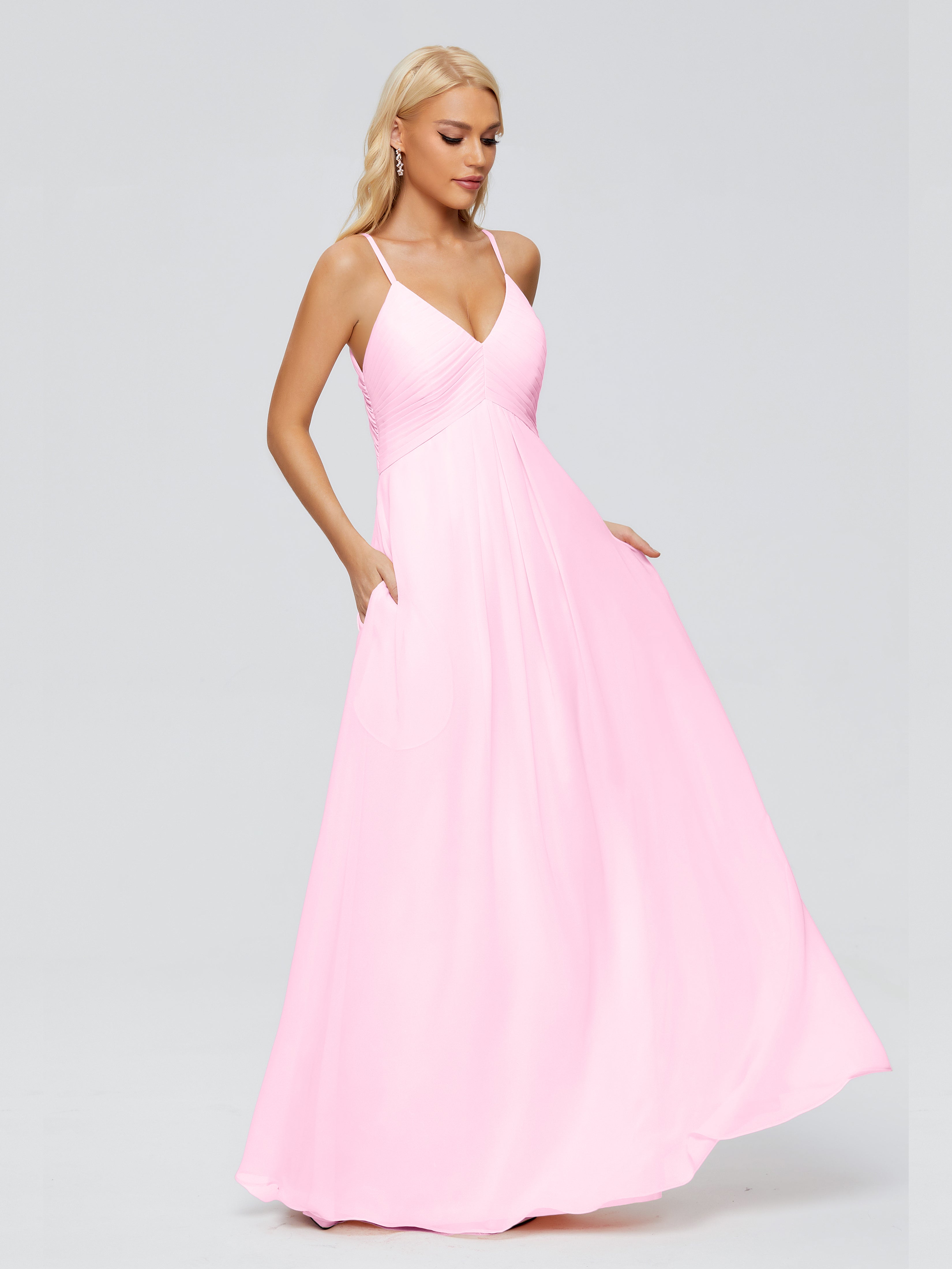 Robes De Demoiselle D'Honneur Rose Bonbon Trapèze Col V Bretelles Spaghetti Mousseline Robes Demoiselle D'Honneur