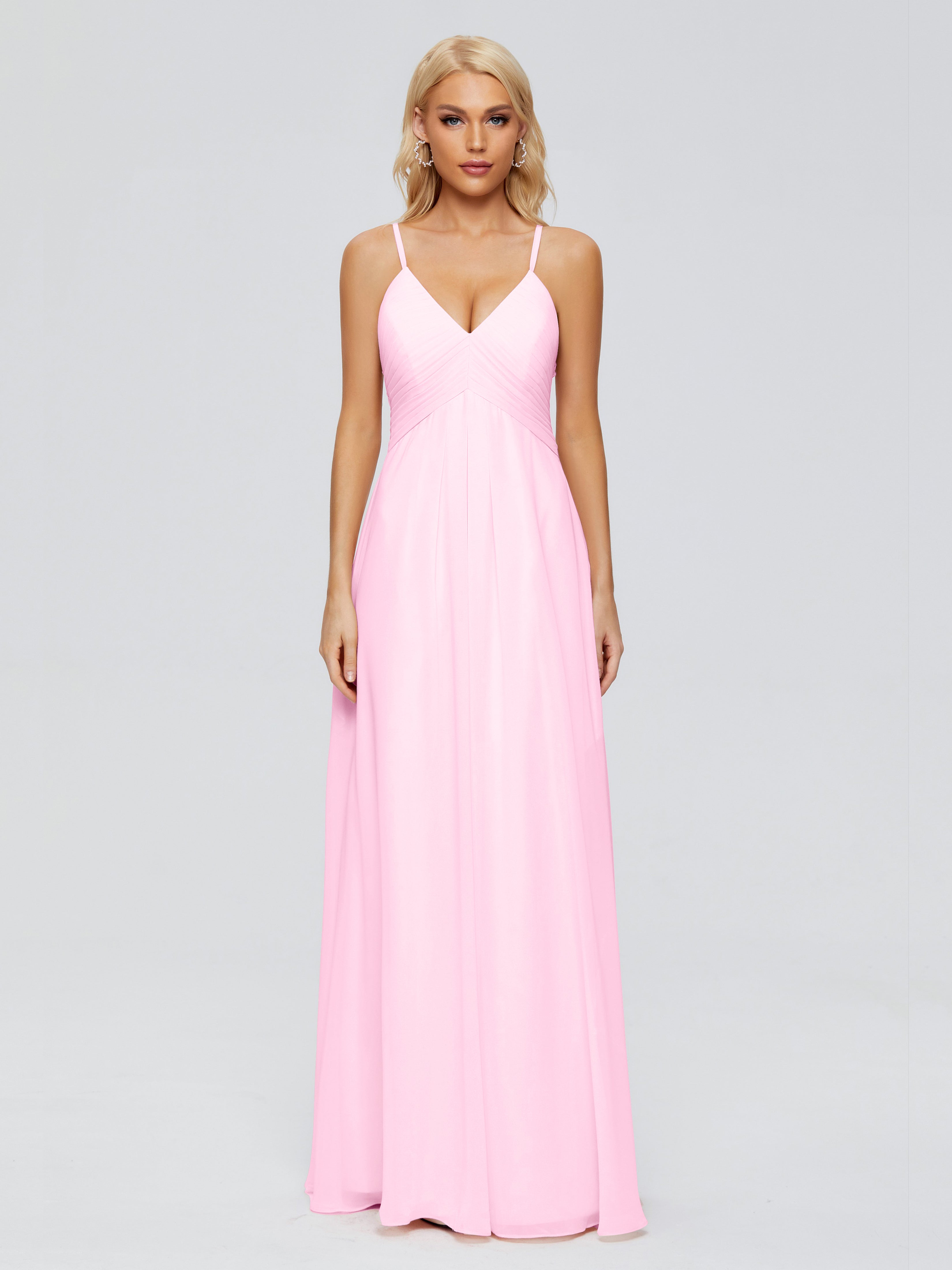 Robes De Demoiselle D'Honneur Rose Bonbon Trapèze Col V Bretelles Spaghetti Mousseline Robes Demoiselle D'Honneur